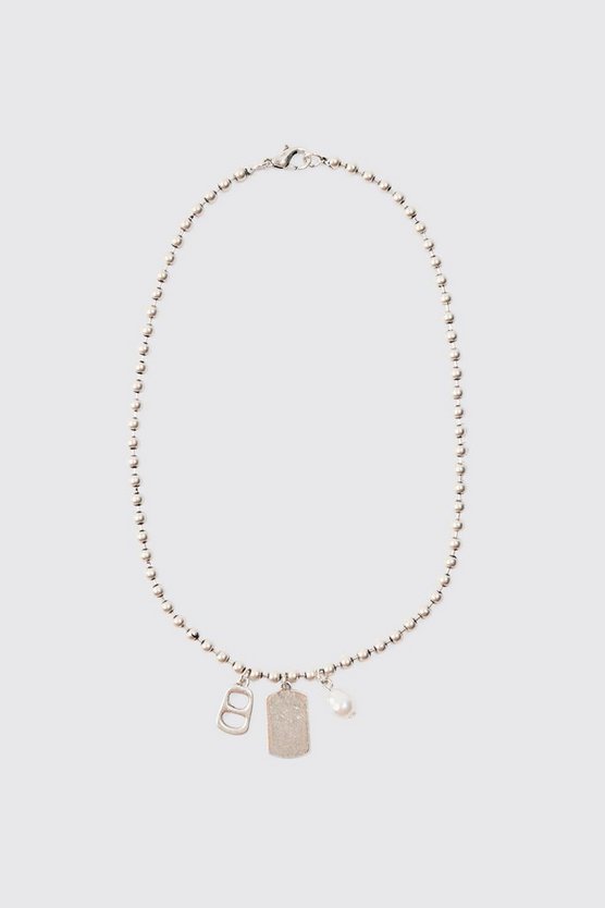 Metal Bead Chain With Dog Tag Pendant Necklace In Silver