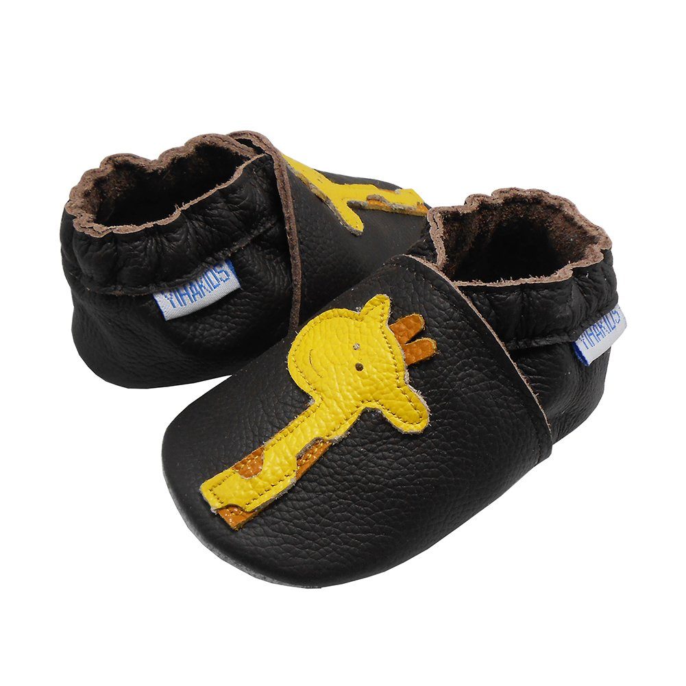 Yalion Weiche Leder Lauflernschuhe Hausschuhe Lederpuschen Giraffe Schwarz Krabbelschuh