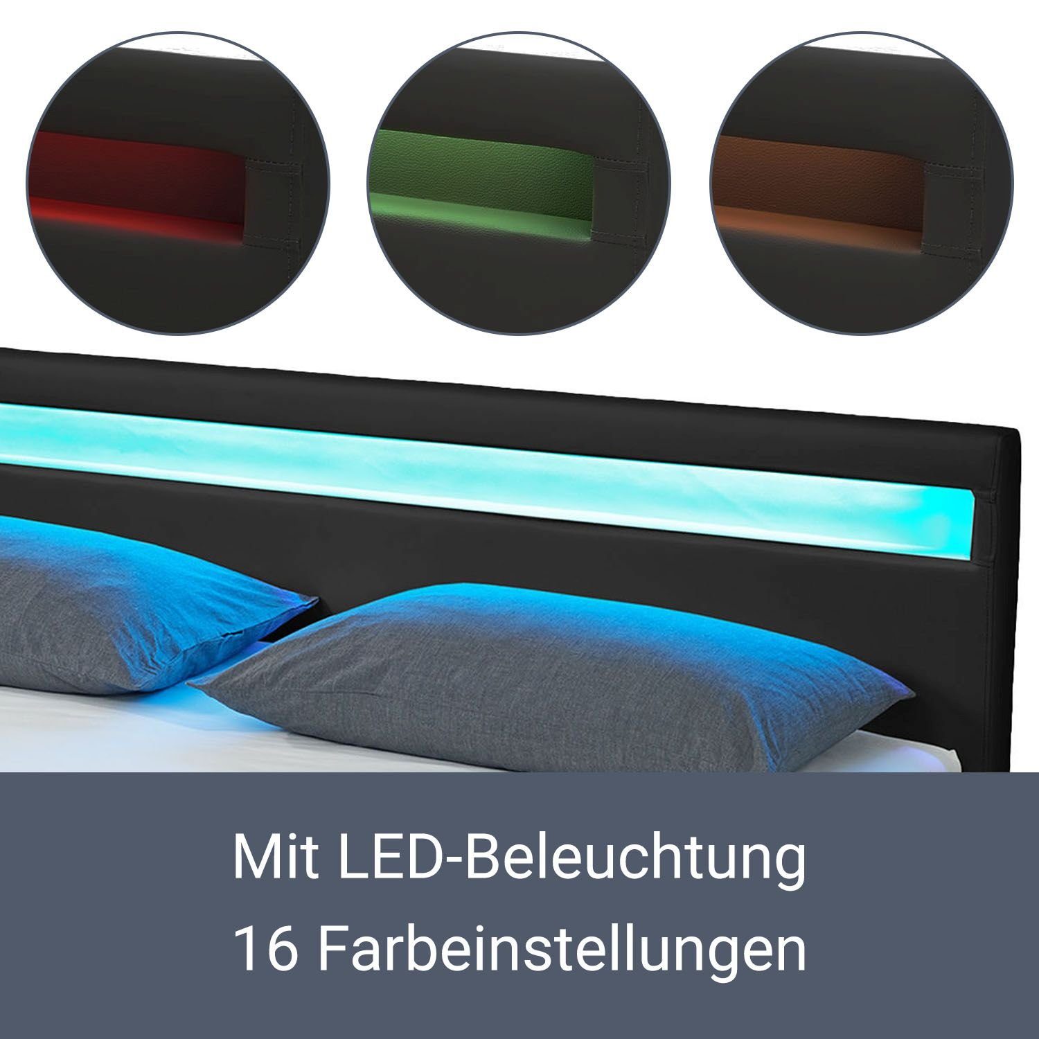 Juskys Polsterbett Lyon mit Matratze, 140x200 cm, ausziehbare Bettkästen, LED-Licht, inkl. Matratze