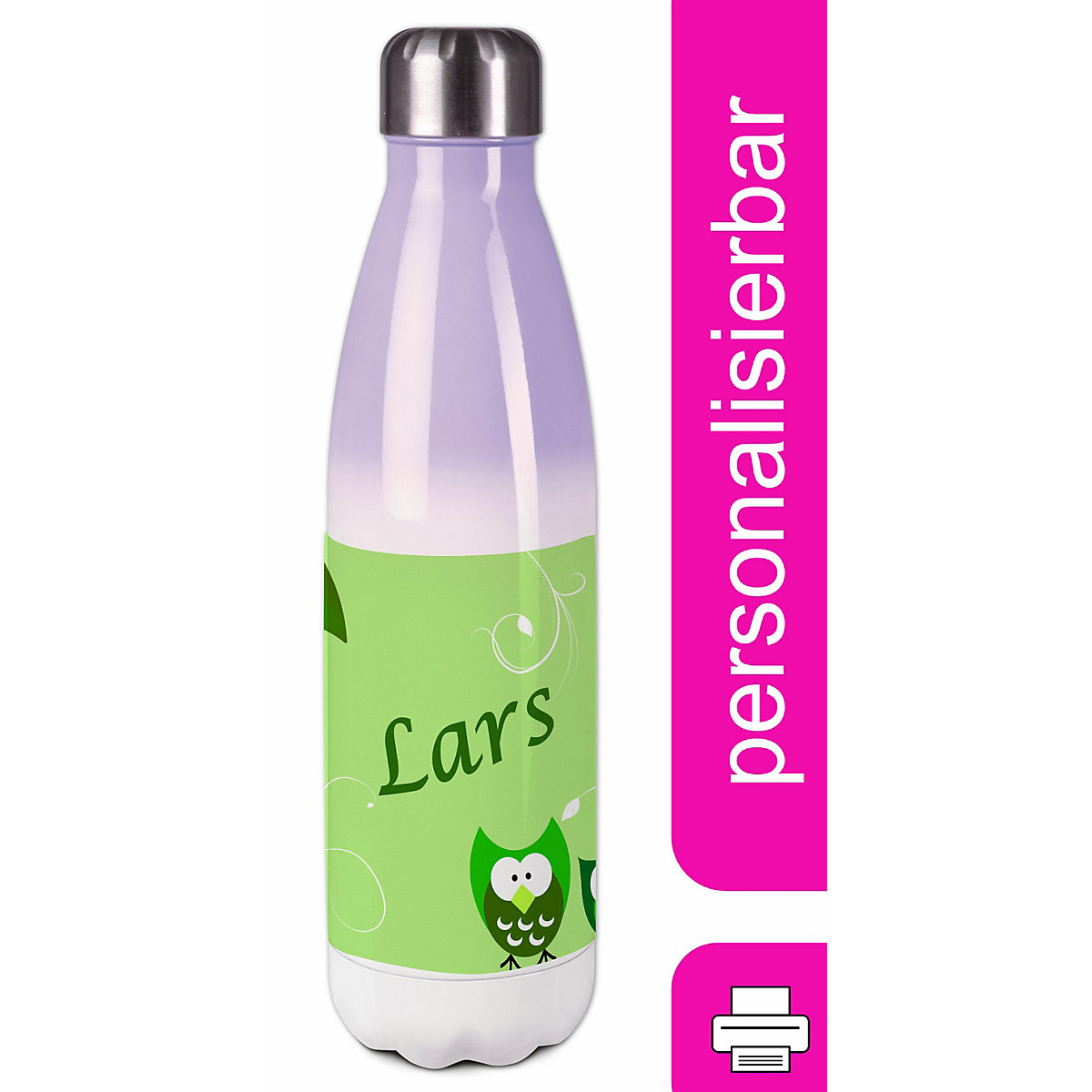 Edelstahl Kinder Thermoflasche / Trinkflasche bunt Eule Farbe grün Spülmaschinenfest, Auslaufsicher, Bruchfest, Doppelwandig, Für Heißgetränke geeignet, Mit Deckel, Isoliert