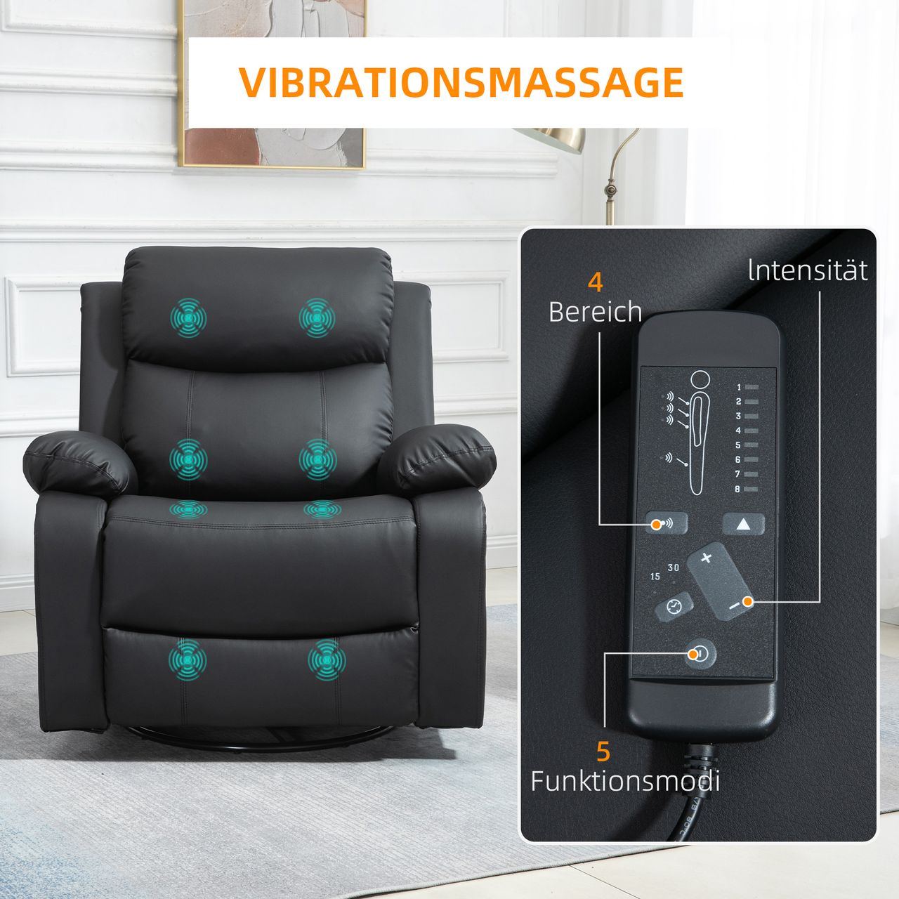 HOMCOM Massagesessel Drehbarer Relaxsessel mit 8 Vibrationsköpfen, Liegefunktion