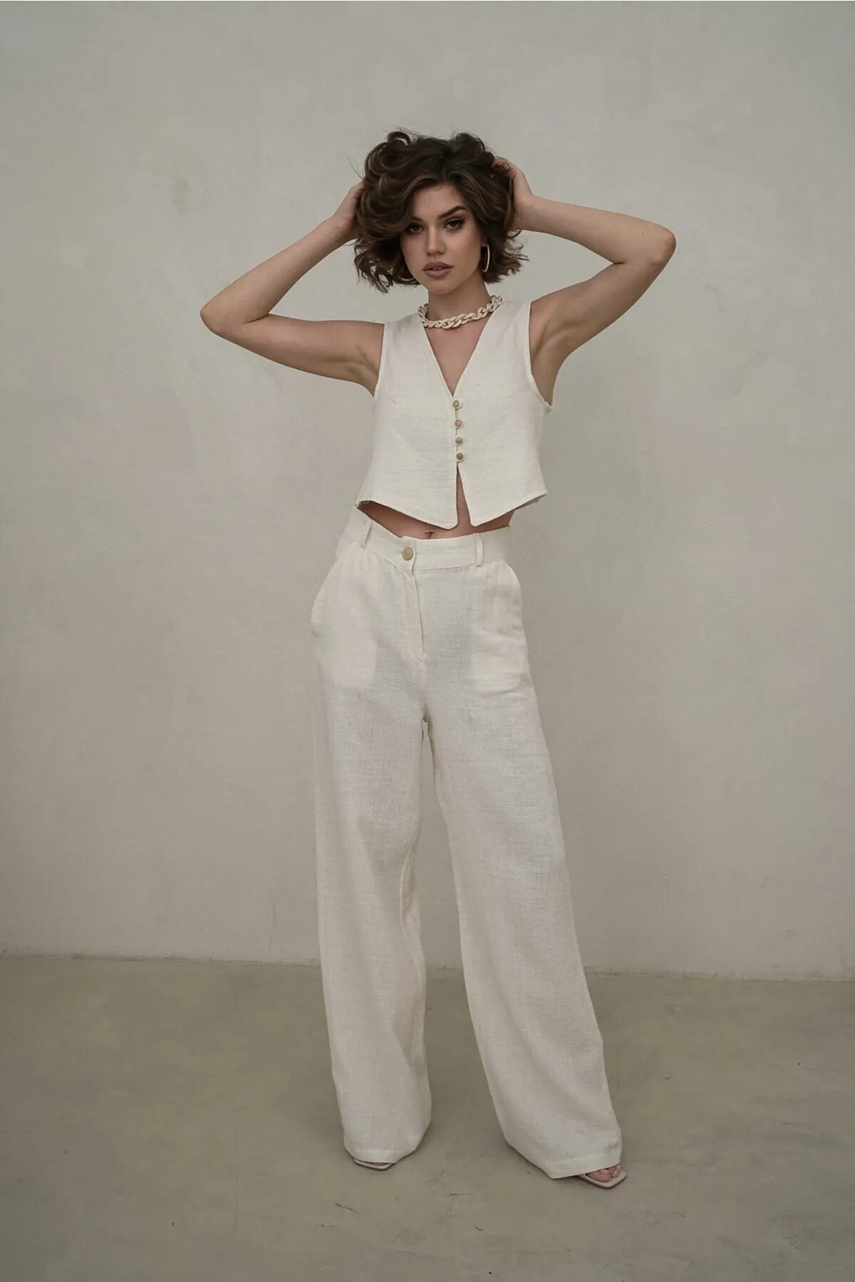 BOHEMAİ  Clover Weste-Hosen-Set aus natürlichem Musselin