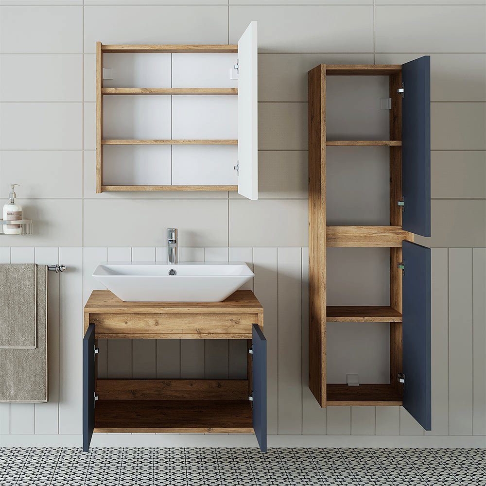 Roomart Badmöbel-Set, (Badmöbel Set 65cm Unterschrank Waschbecken Spiegelscrank Hochschrank)