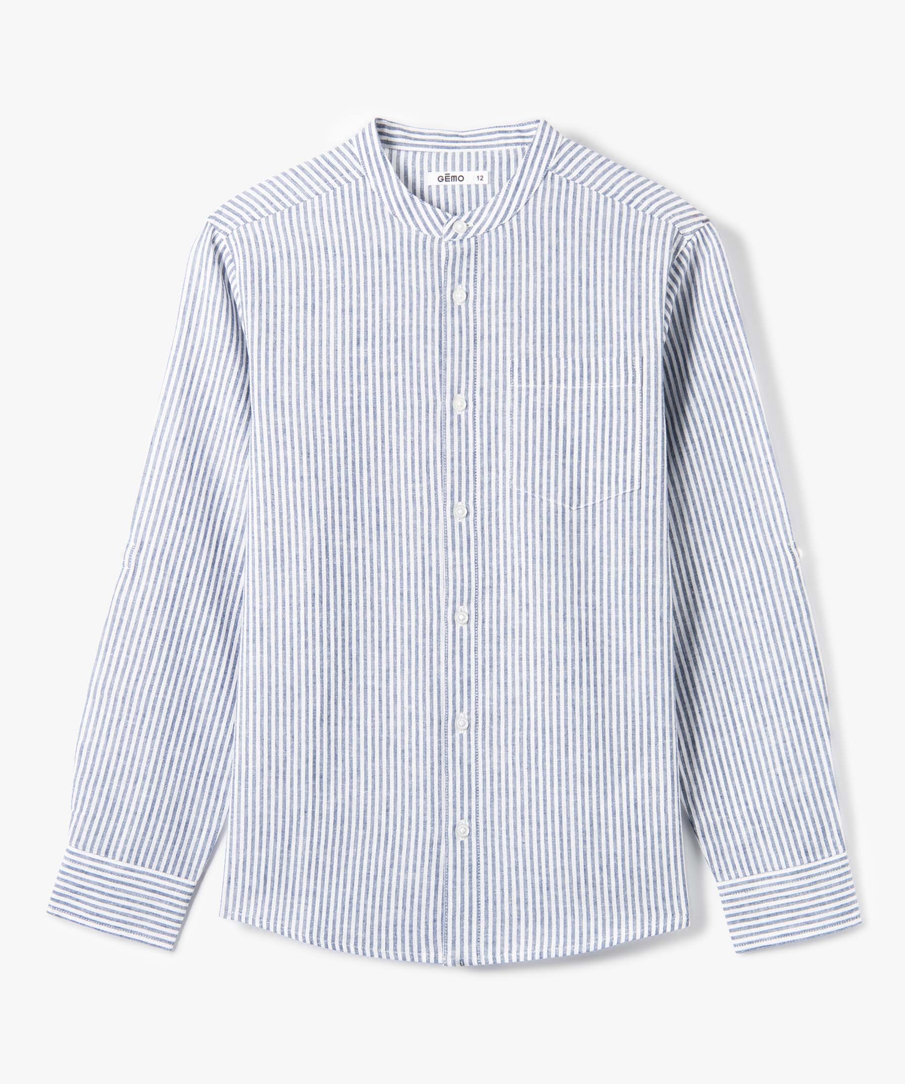 Chemise Garçon rayée à manches longues et col mao blanc | GEMO