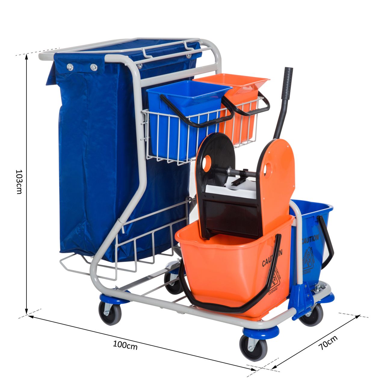 HOMCOM Putzwagen Reinigungswagen 4 Fahreimer Wischwagen Systemwagen mit Rollen Blau Orange 93 x 70 x 97 cm