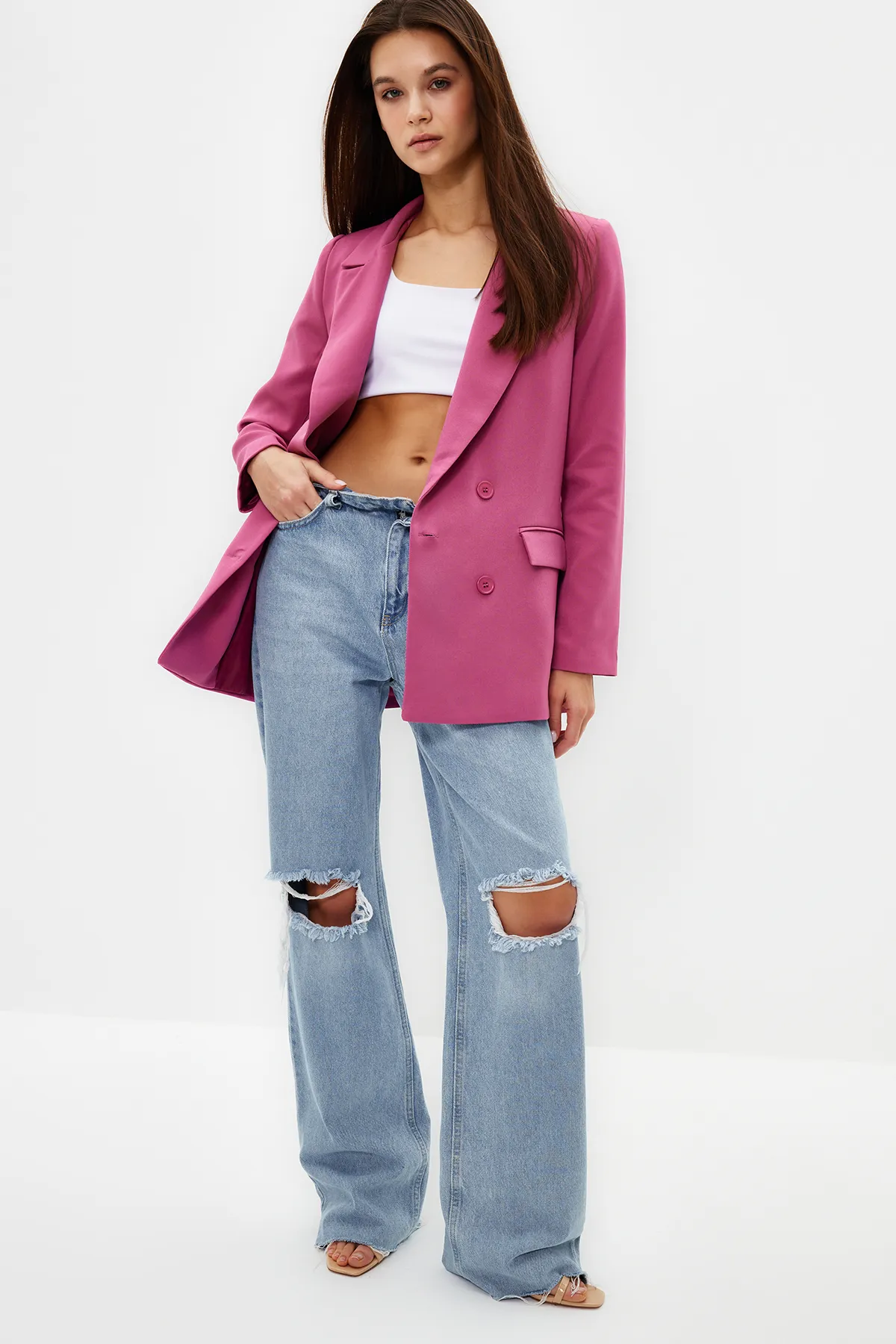Trendyol Collection  Rosa, normal gefütterte, zweireihige, gewebte Blazerjacke TWOAW21CE0264