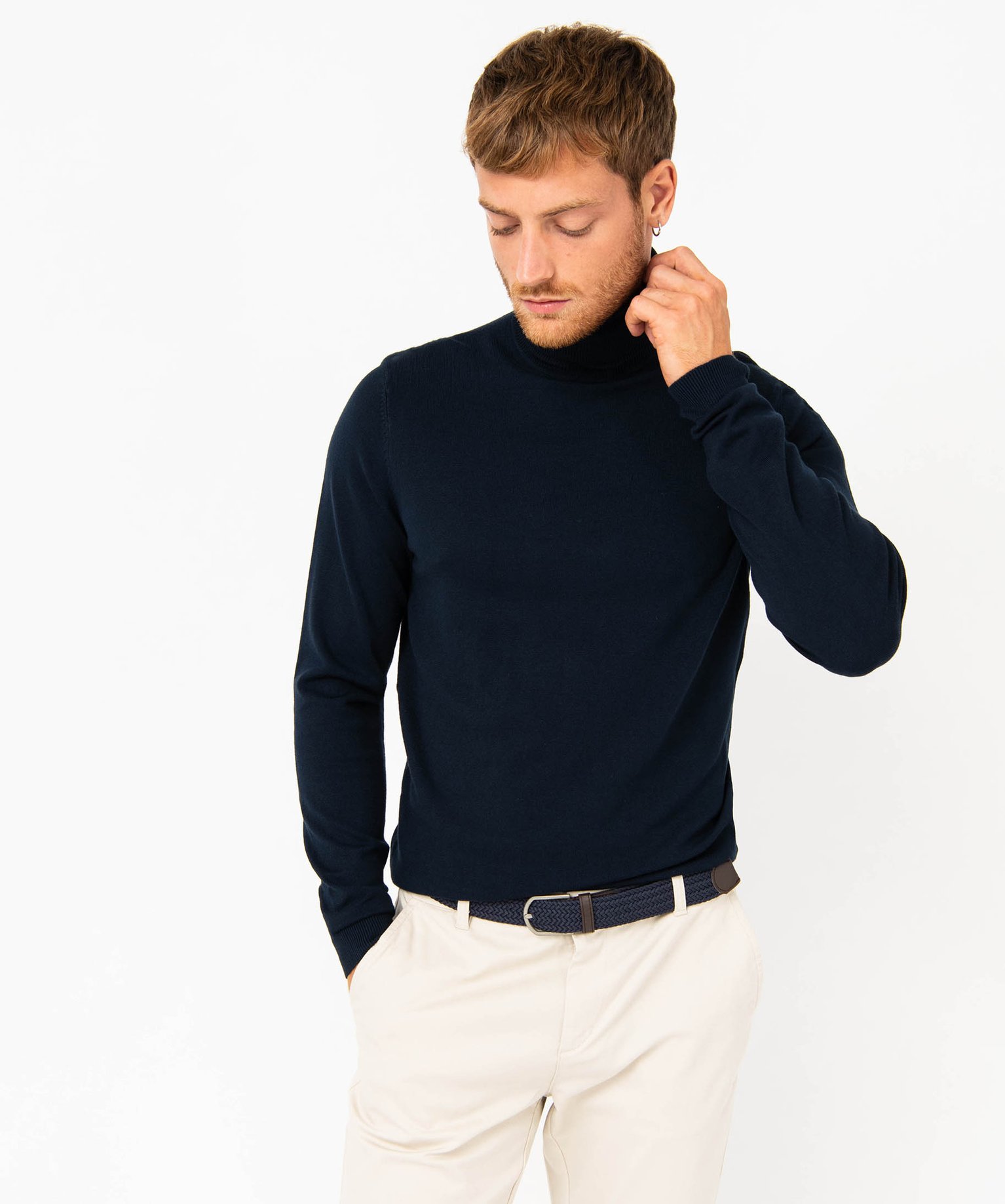 Pull à col roulé en maille fine homme marine | GEMO
