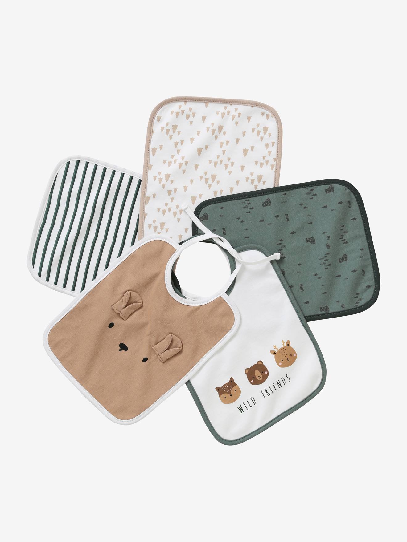 Lot de 5 bavoirs bébé vertbaudet décor animaux green forest