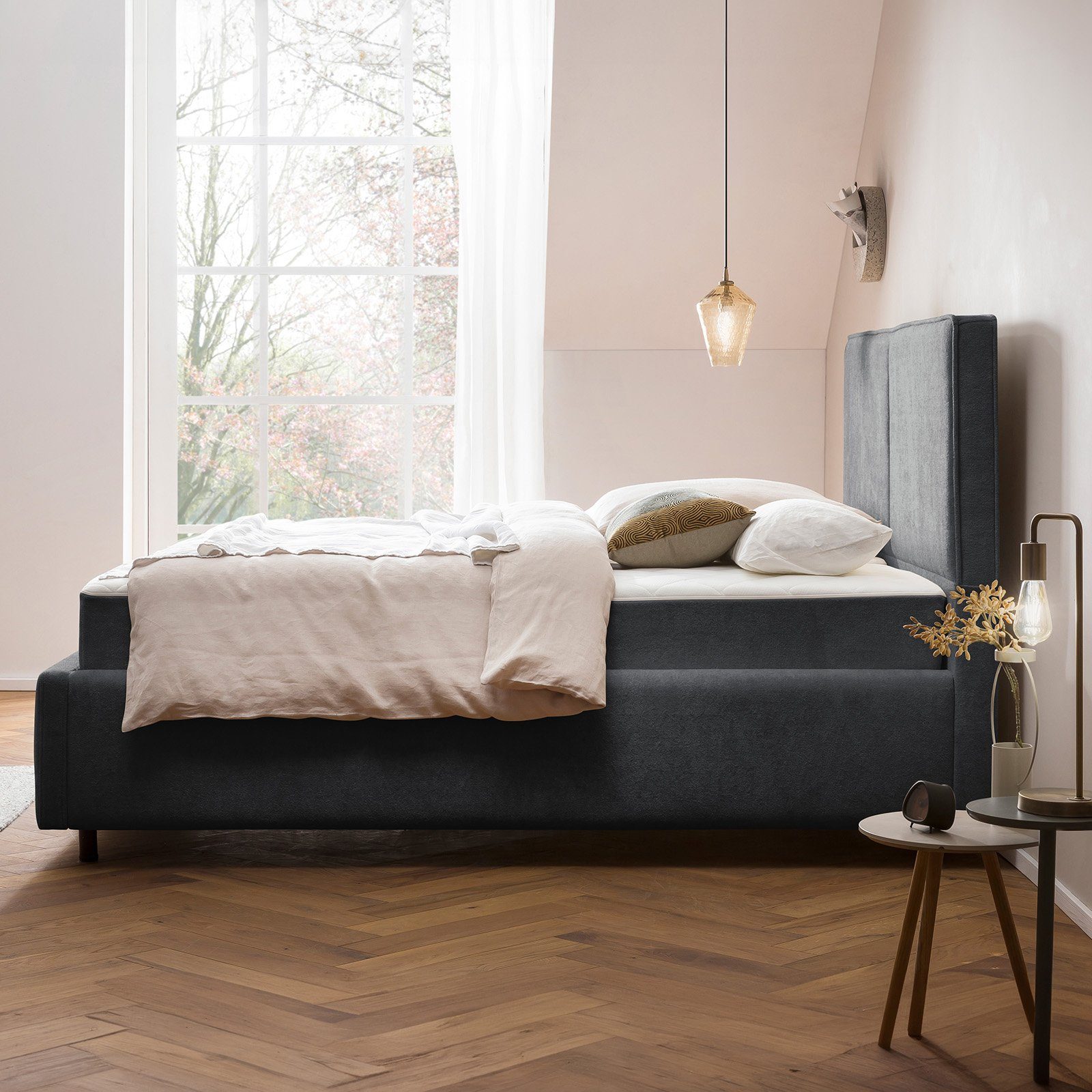 BettCo Stauraumbett Bari (in Dunkelgrau Teddystoff, 140 x 200 cm), Bettkasten XXL, optionale Matratze, mit Lattenrost, Runde Metallfüße