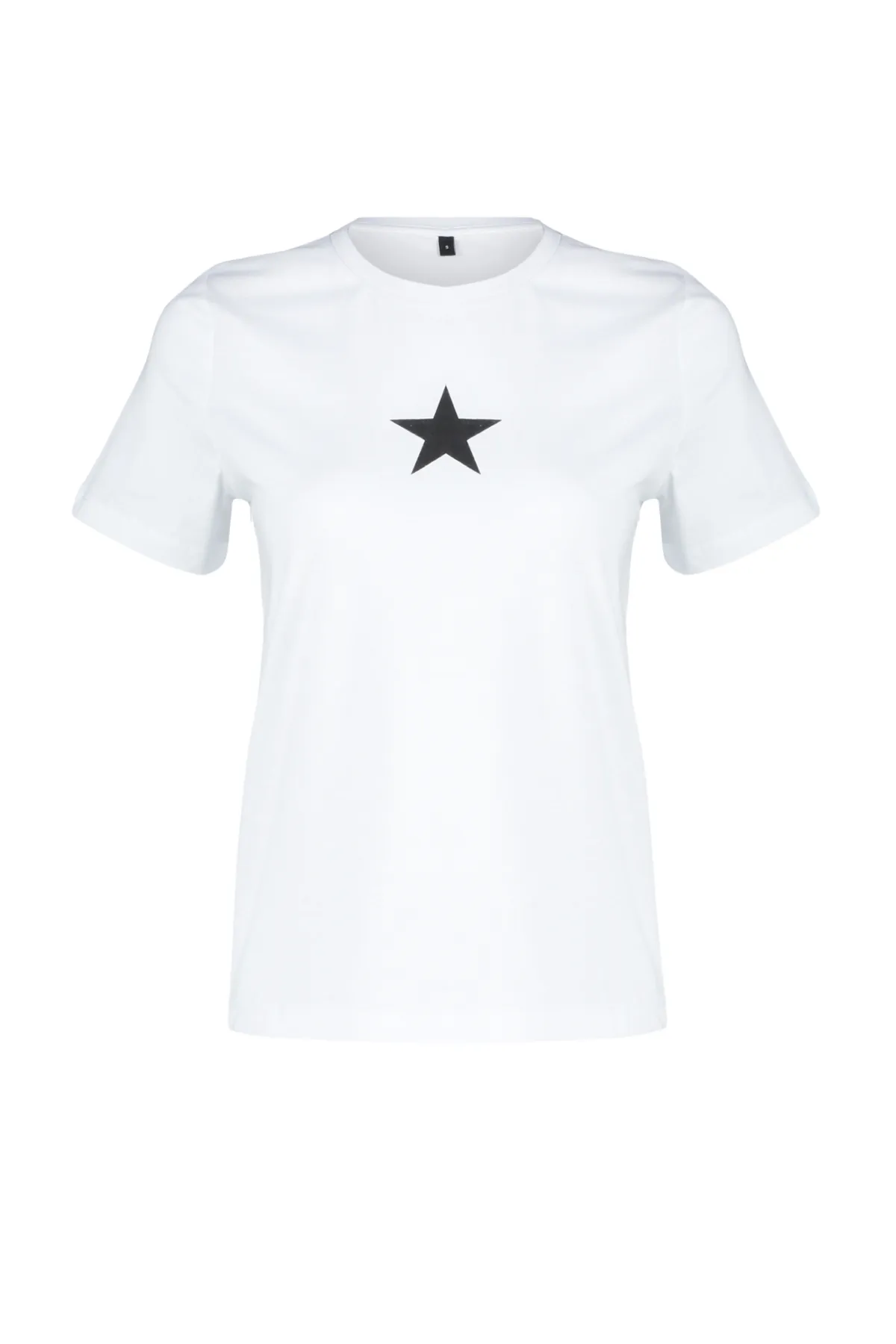 Trendyol Collection  Weißes Strick-T-Shirt mit Rundhalsausschnitt und Stern-Aufdruck, Regular/Regular Fit, 100 % Baumwolle TWOSS24TS00095