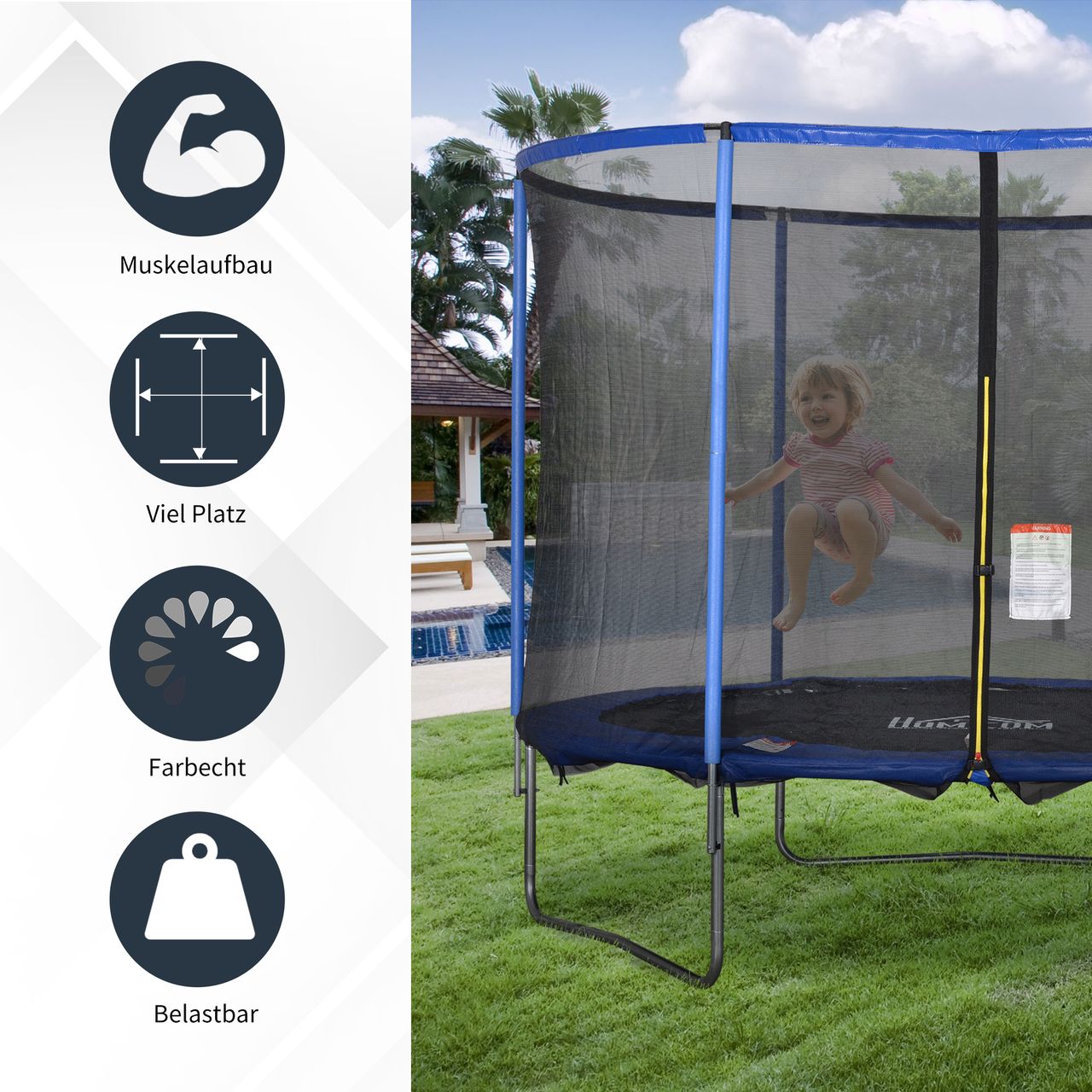 HOMCOM Trampolin mit Sicherheitsnetz Gartentrampolin für Innen- und Außenbereich Blau Schwarz bis 113,6 kg Ø305 x 248H cm