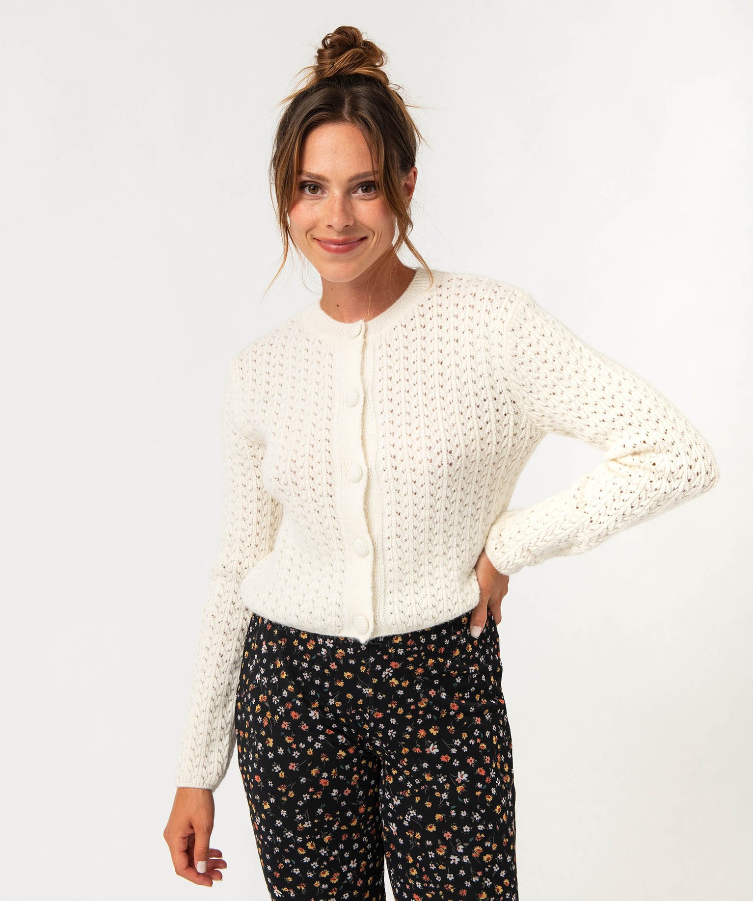 Gilet court en maille ajourée femme ecru | GEMO