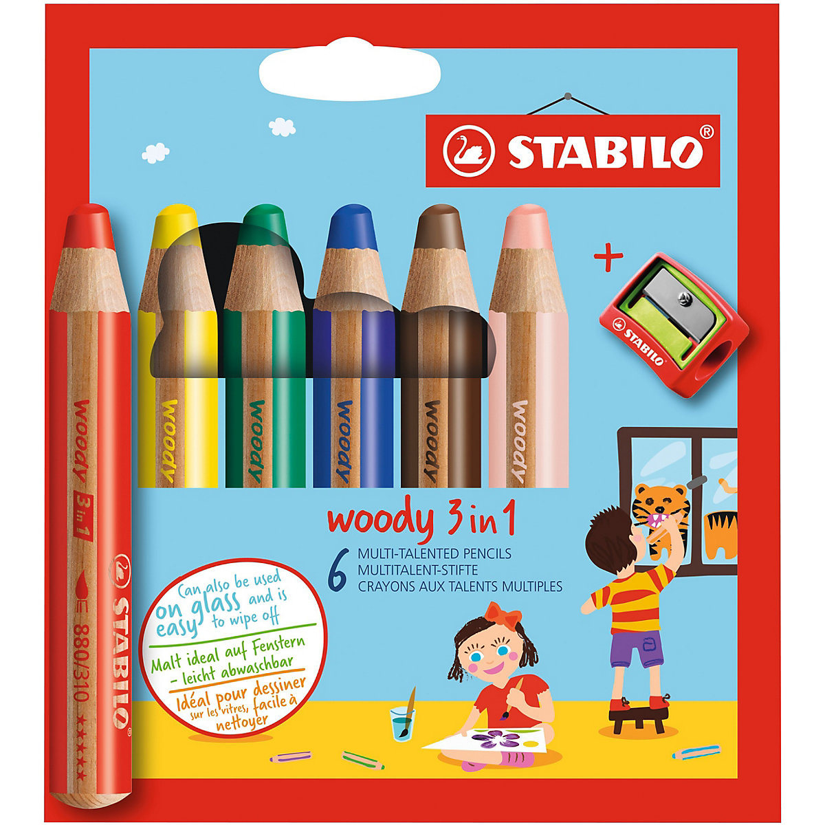Buntstifte woody 3 in 1, 6 Farben, inkl. Spitzer