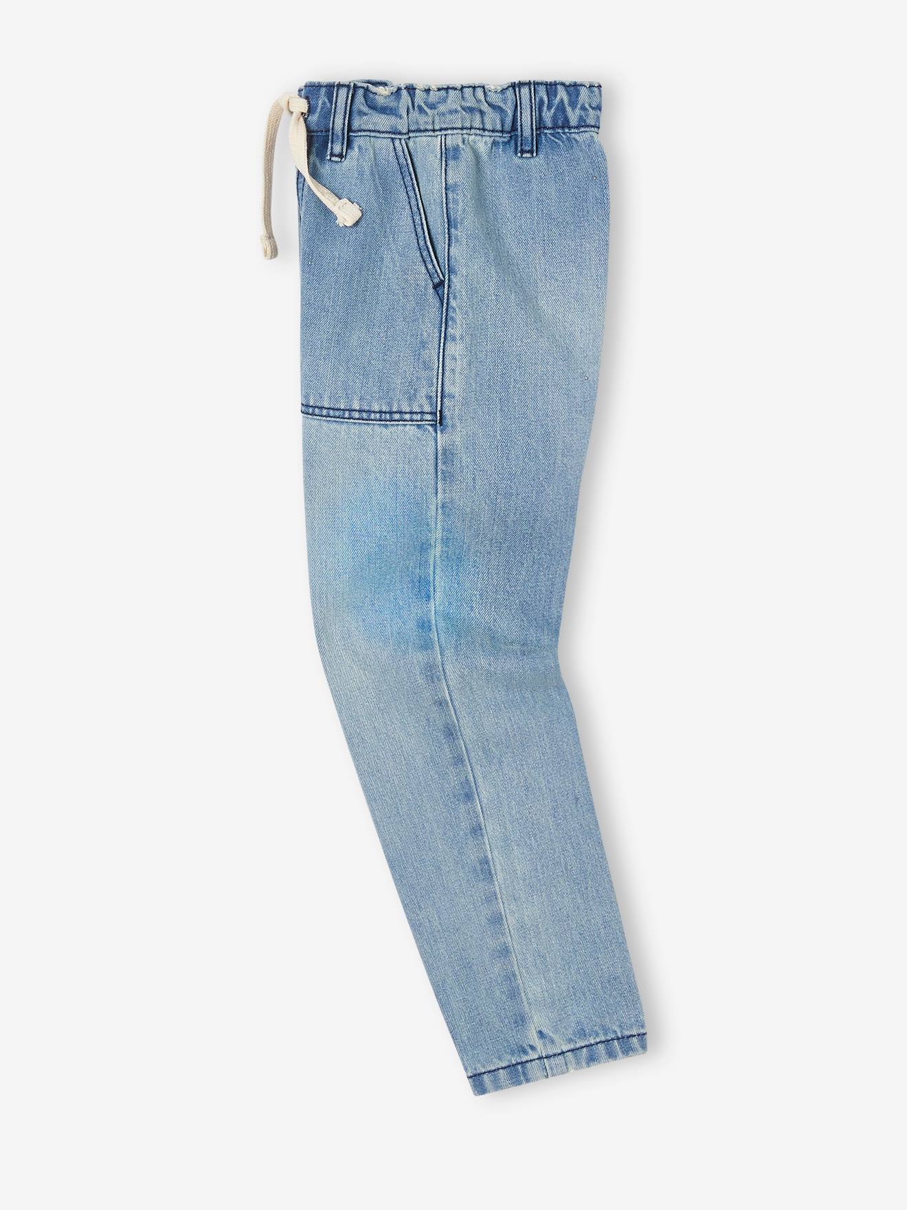 Jean droit loose effet patchs garçon denim bleached