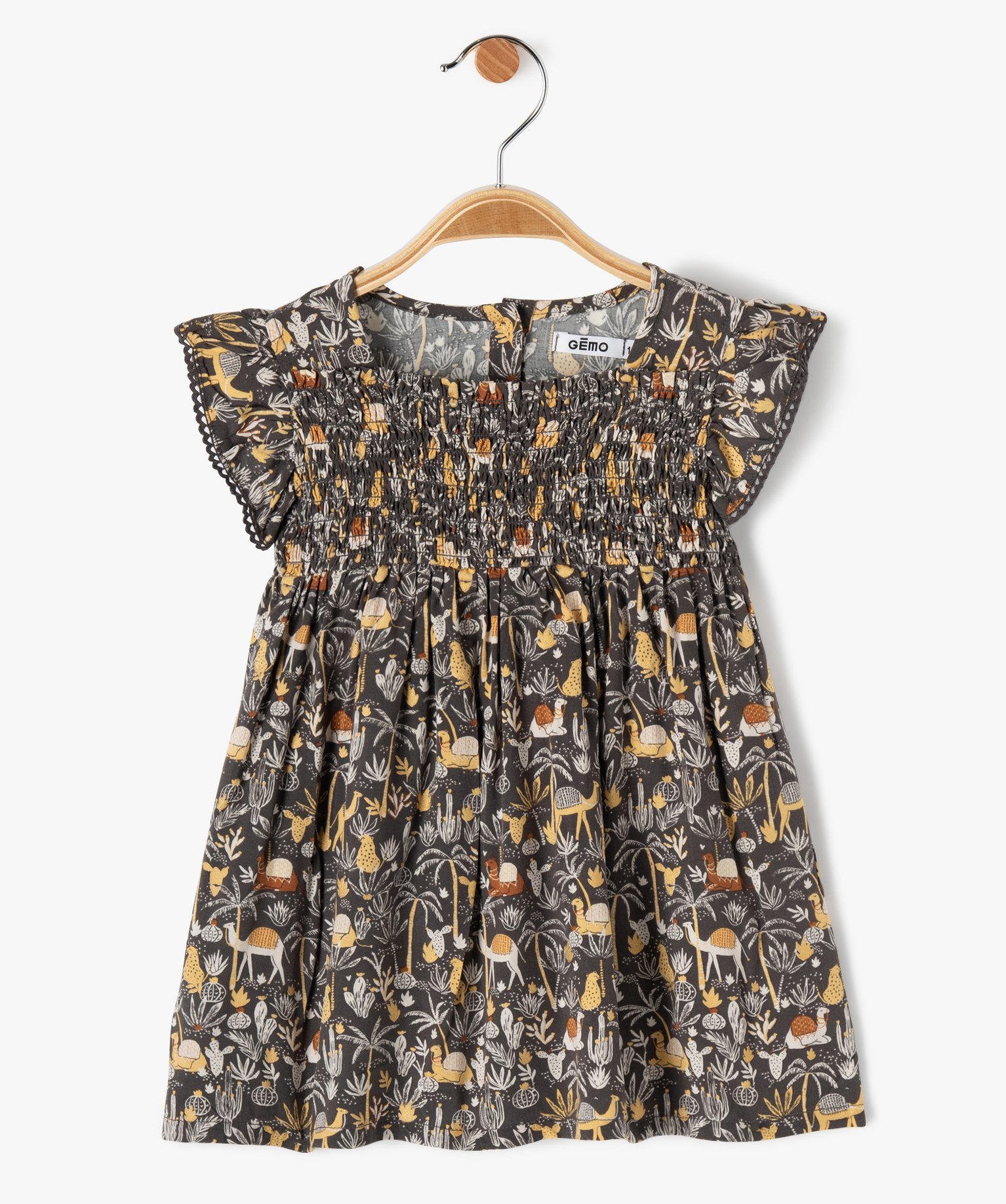 Robe bébé fille imprimée avec smocks et volants gris fonce | GEMO