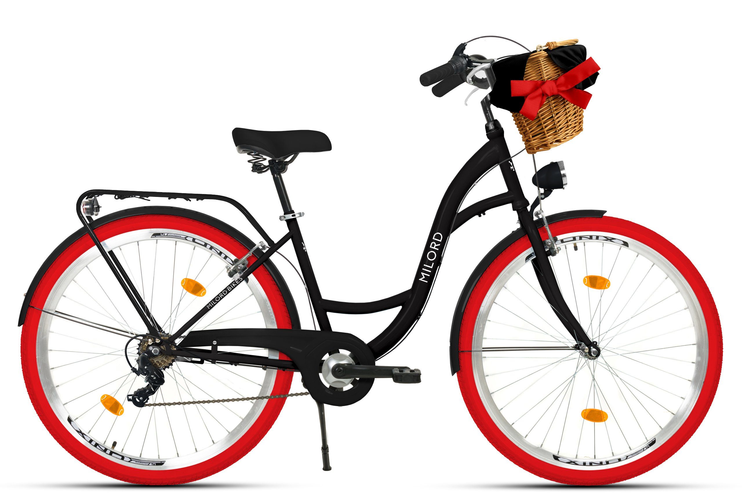 MILORD BIKES Cityrad Milord City Damenfahrrad Weidenkorb 28/26 Zoll, Schwarz-Rot, 7-Gang, 7 Gang, Kettenschaltung