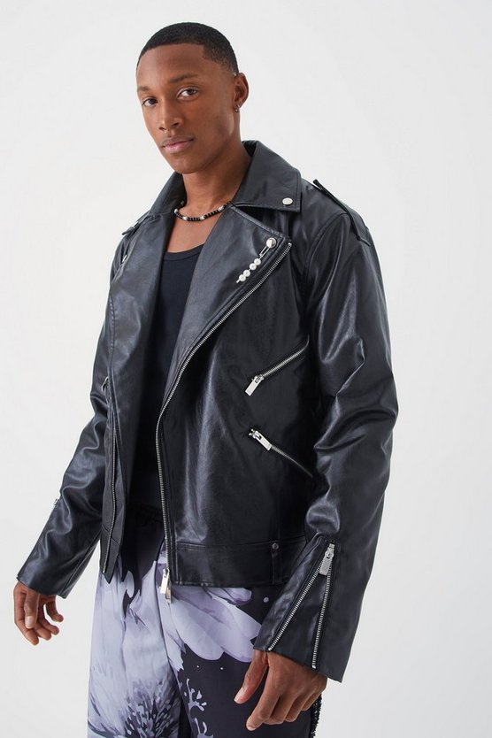 PU-Bikerjacke mit Blumenprint