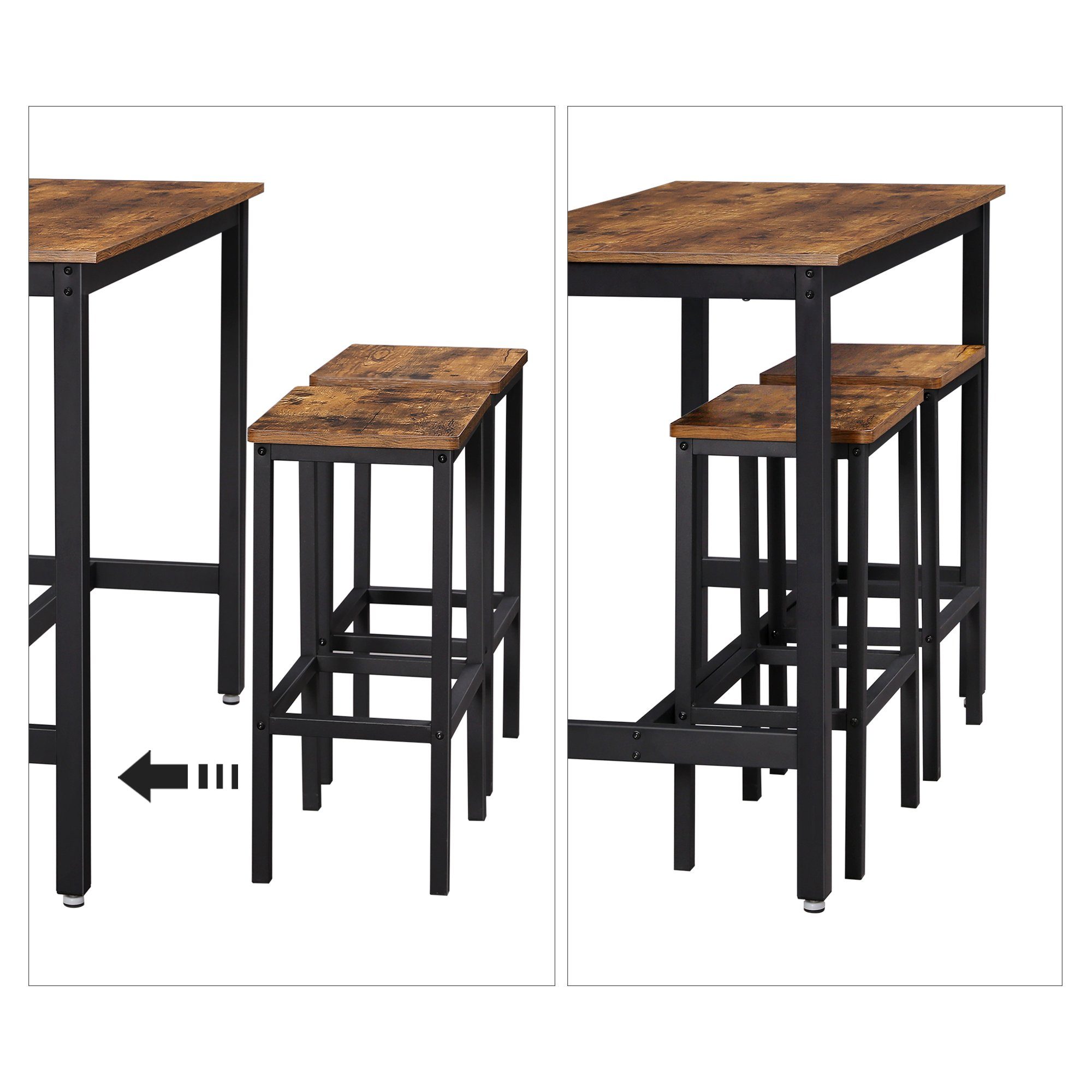 VASAGLE Bartisch Bartisch-Set, Esstisch(120 x 60 x 90 cm) mit 2 Barhochern