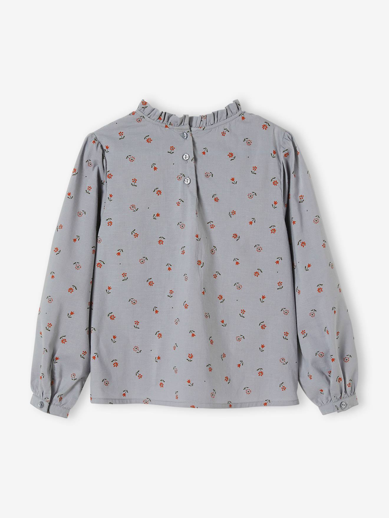 Blouse victorienne motifs fleurs fille bleu grisé imprimé