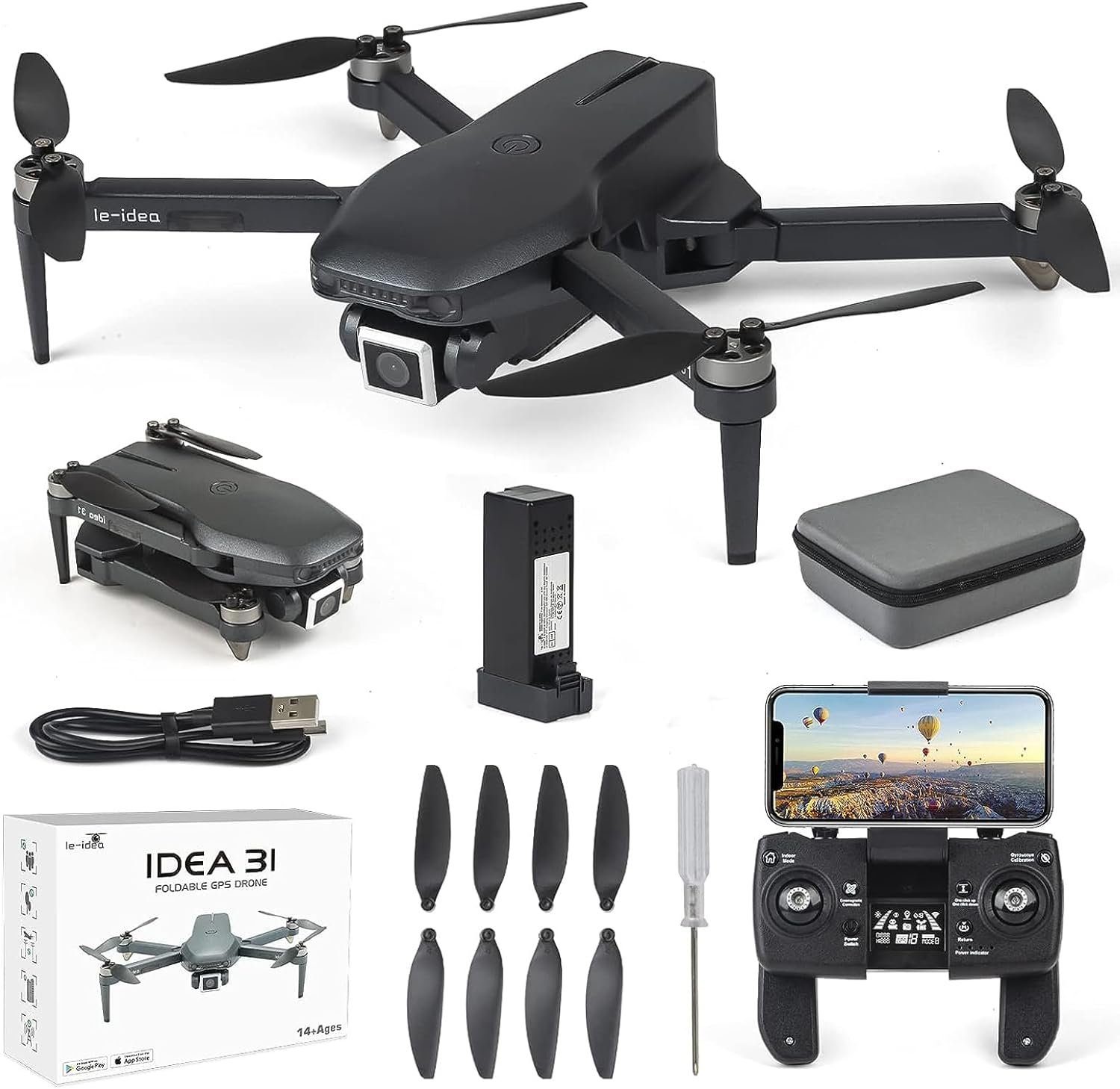 le-idea Drohne mit Kamera RC FPV Drone mit GPS Drohne (1080P, 5 GHz WIFI Quadrocopter mit bürstenlosem Motor und Headless-Folgemodus)