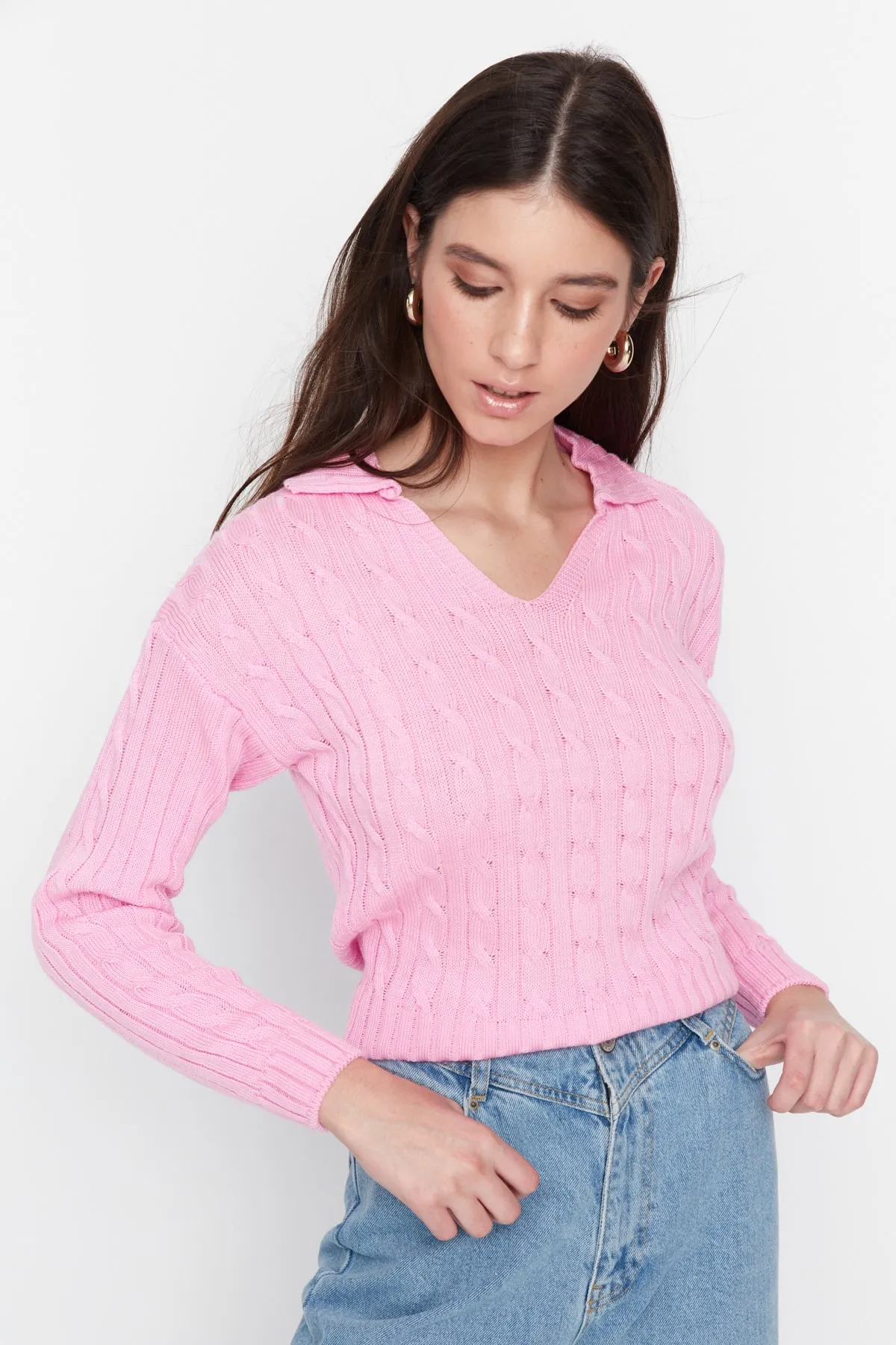 Trendyol Collection  Rosa Strickpullover mit detailliertem Muster TWOAW22KZ1506