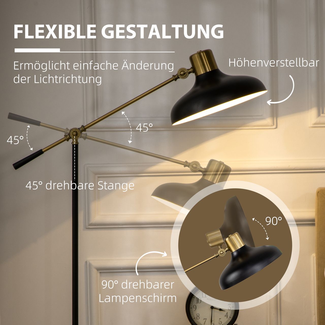 HOMCOM Stehlampe, Höhenverstellbaerr Standlampe, 40 W schwenkbar Stehleuchte