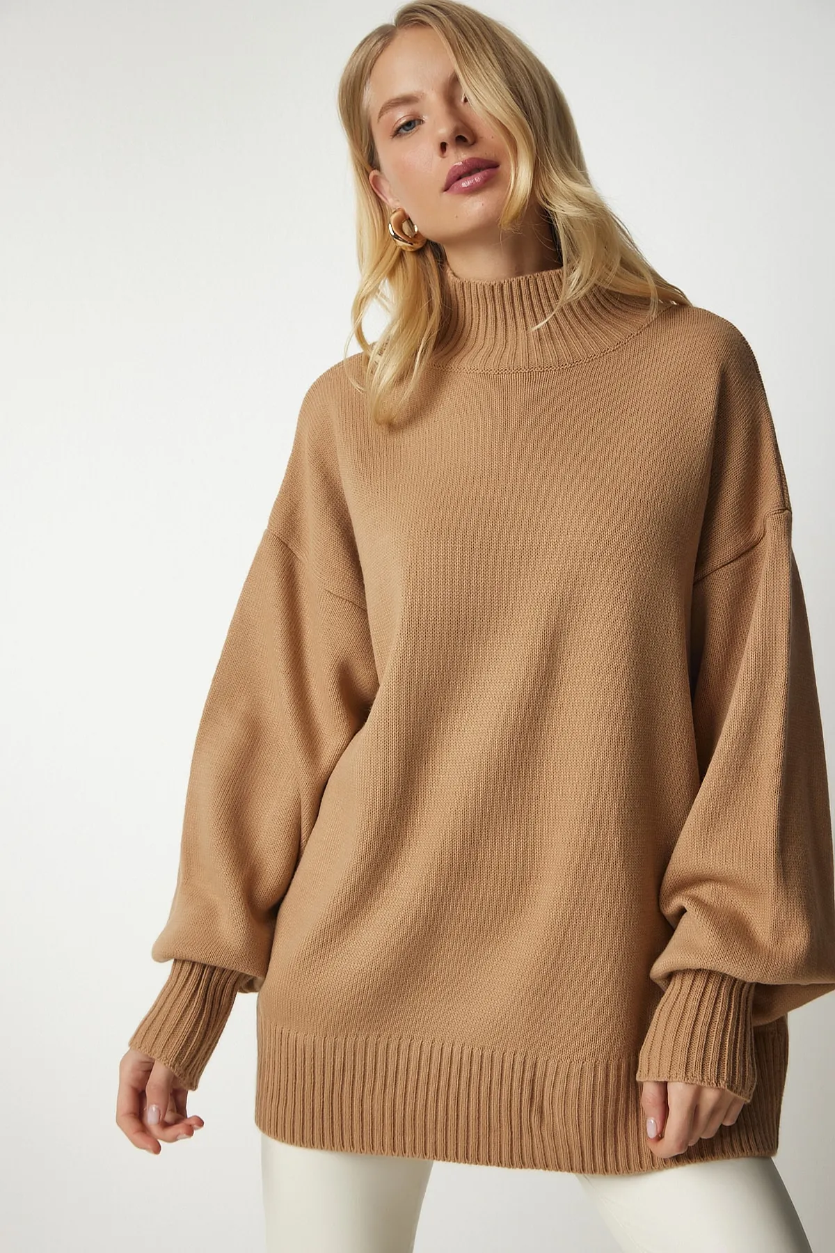 Happiness İstanbul  Damen Biscuit Stehkragen Oversize Basic Strickpullover YY00167