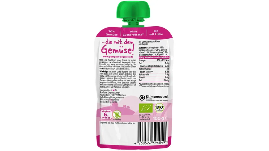 pumpkin organics Bio Quetschie Kürbis, Süßkartoffel, Birne, Banane, Blaubeere 100 g