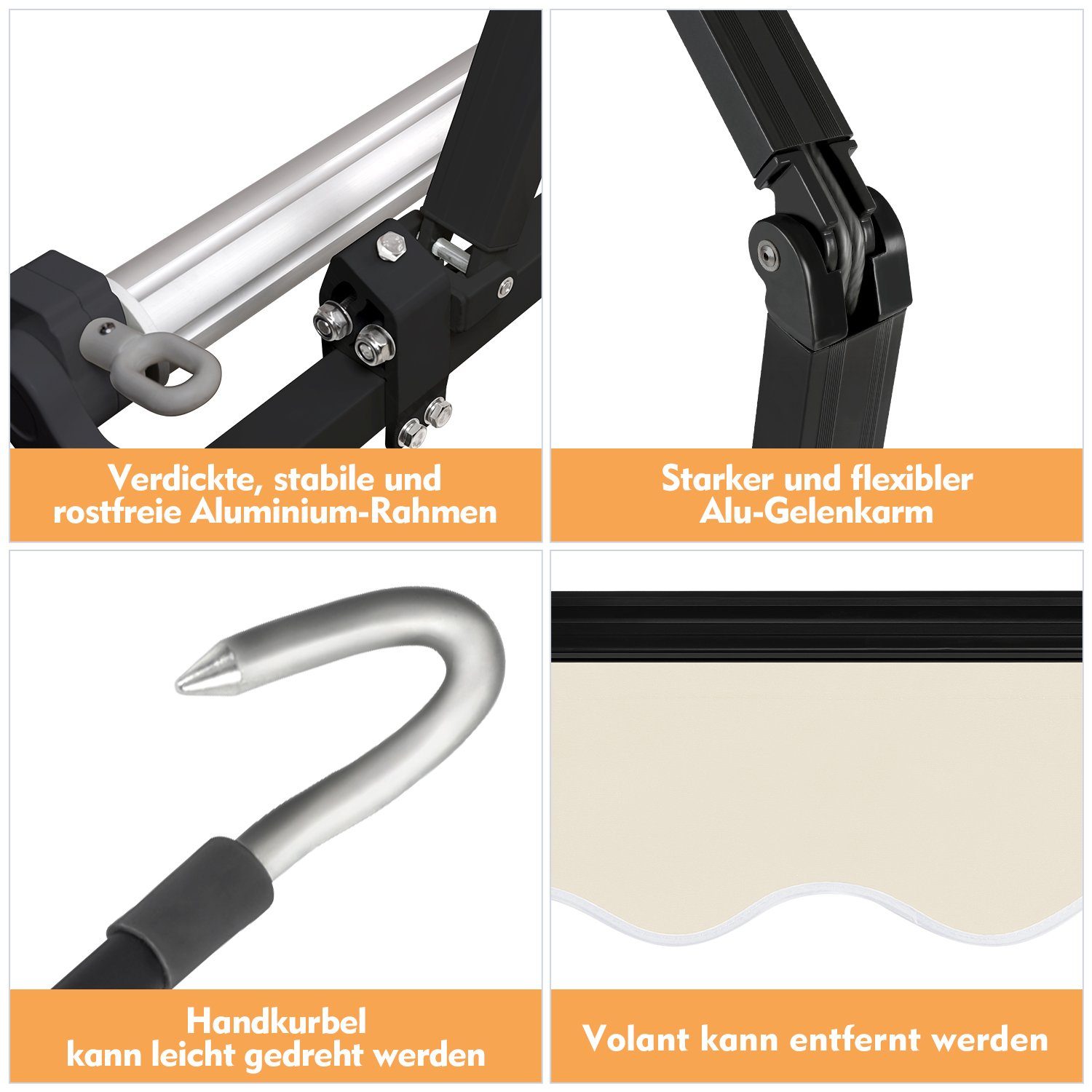 Sekey Gelenkarmmarkise Alu Nicht-elektrisch Markise Anti-UV mit Kurbel, aus Alu & Polyester UV50+, wasserabweisend, einstellbarer Neigungswinkel