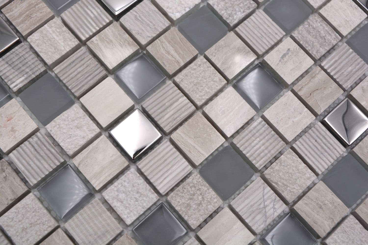 Mosani Mosaikfliesen Glasmosaik Naturstein Mosaik hellgrau silber matt / 10 Matten