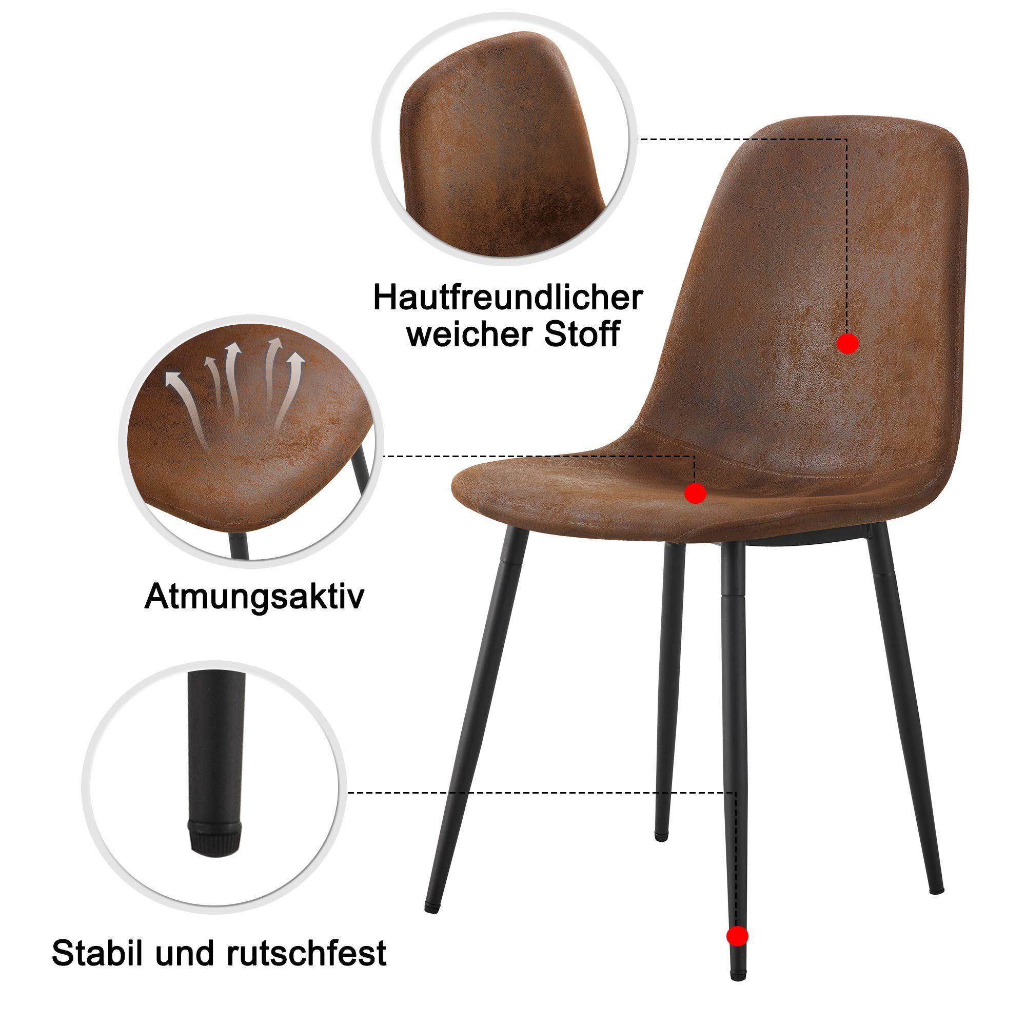 Flieks Esszimmerstuhl, 4er Set Küchenstuhl mit Metallbeinen Wildleder Braun