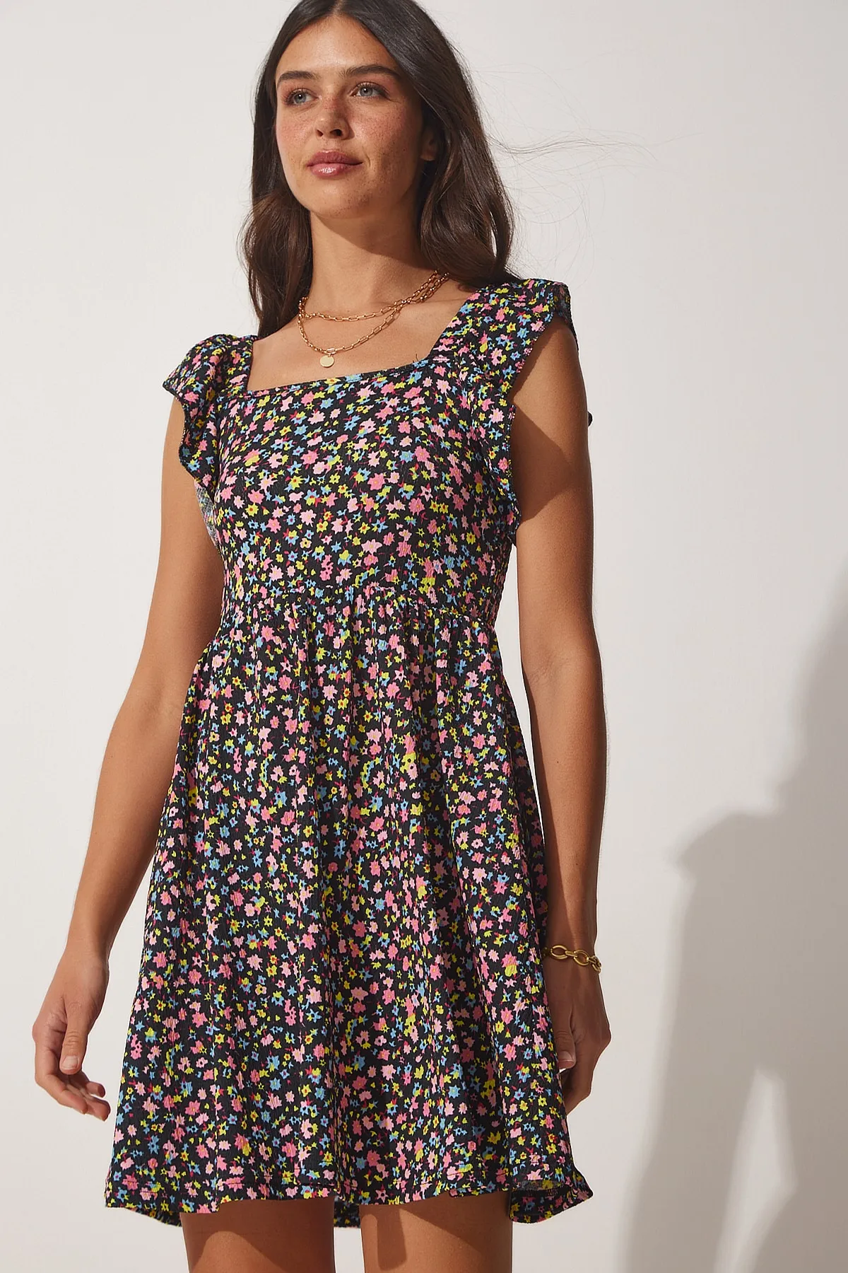 Happiness İstanbul  Damen-Sommerkleid aus Viskose mit Blumenmuster in Schwarz und Rosa FF00131