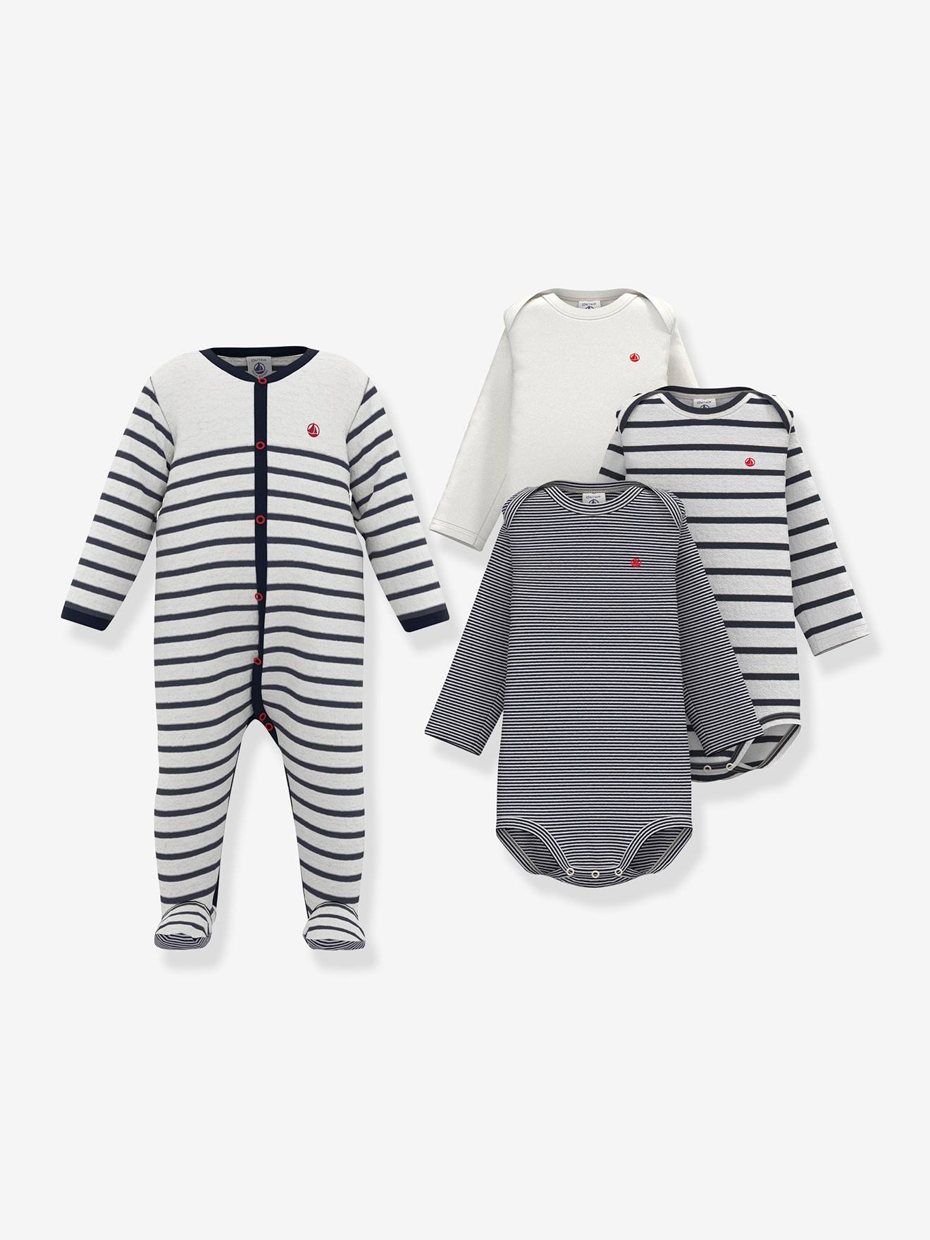 Lot de 1 pyjama bébé et 3 bodies rayures PETIT BATEAU blanc imprimé