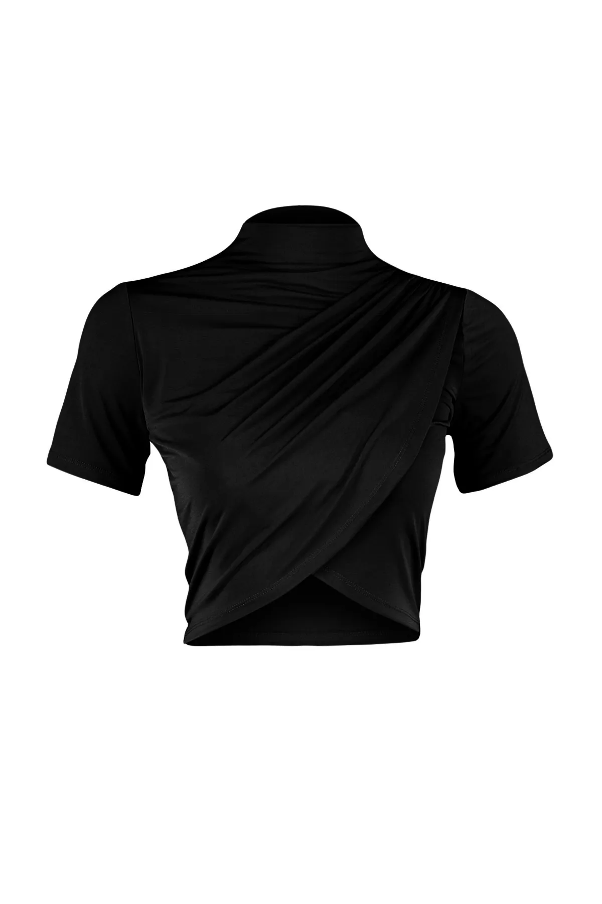 Trendyol Collection  Schwarze kurzärmlige drapierte Crop-Bluse mit Stehkragen und Strickbluse TWOSS24BZ00422
