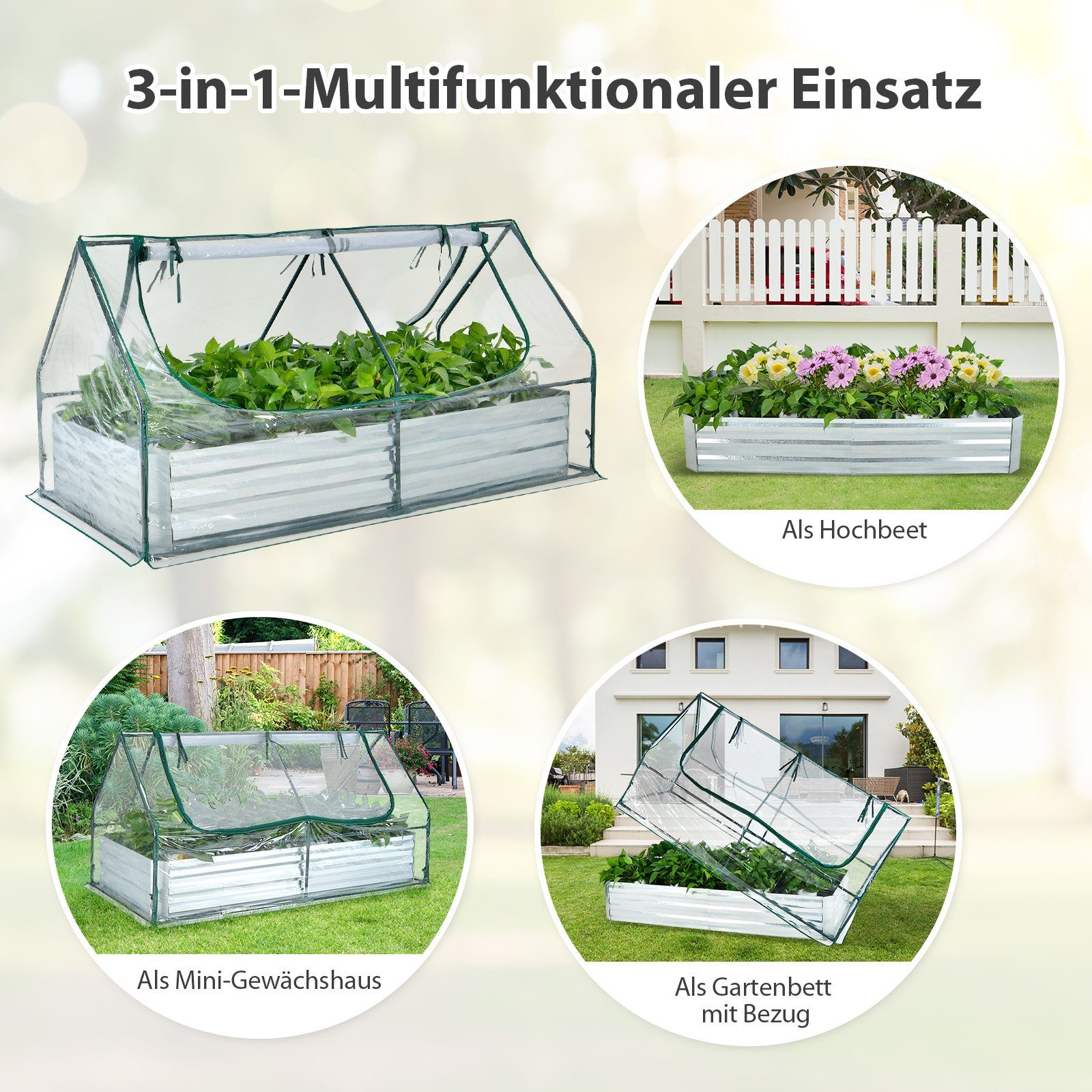 COSTWAY Hochbeet Frühbeet, 2in1, mit Gewächshaus, PVC-Folie, 2 Fenstern
