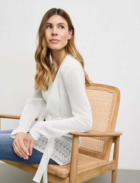 Offener Cardigan mit Häkel-Details und Bindegürtel