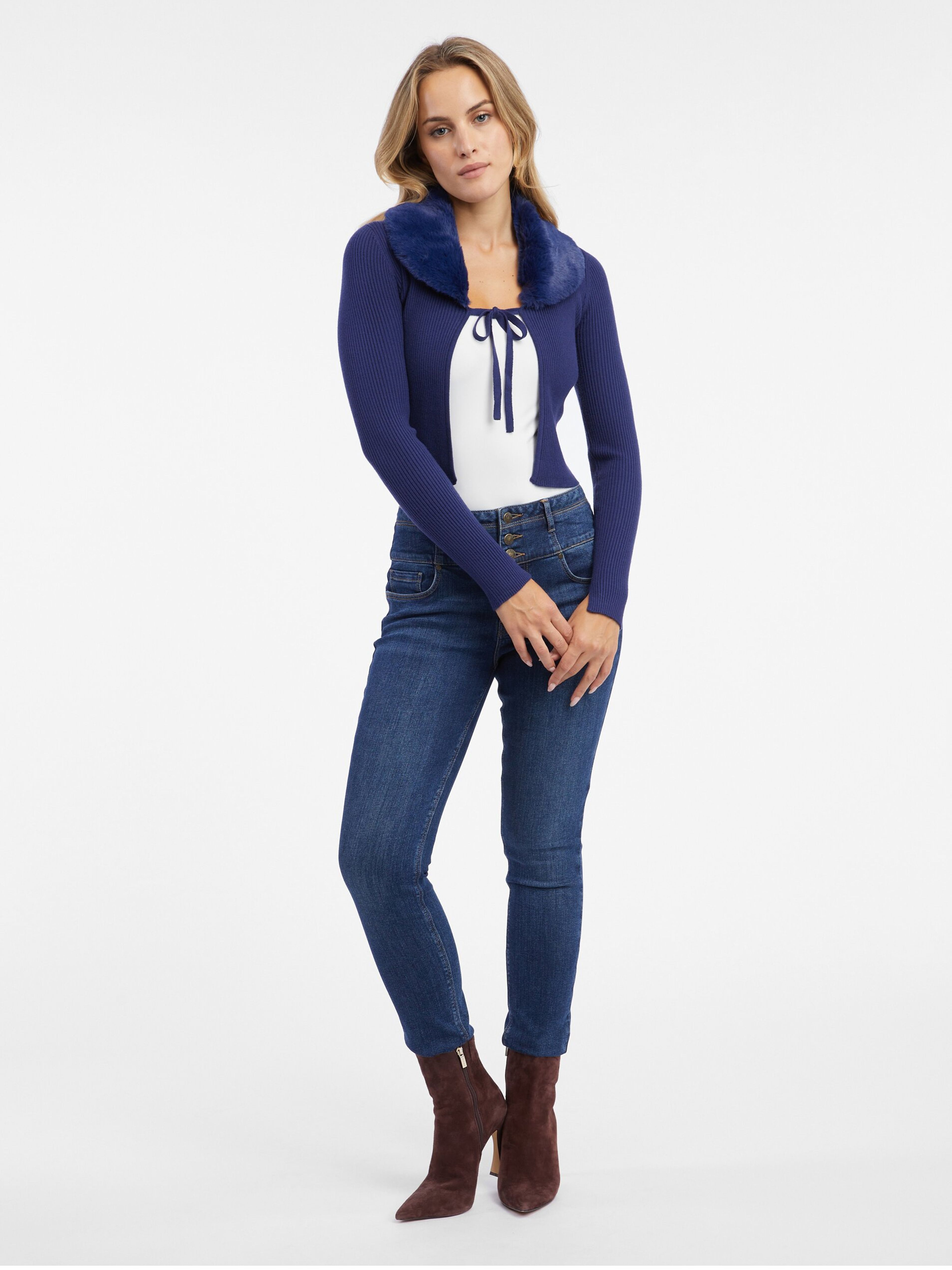 Blaue Damen-Strickjacke mit Kunstpelz ORSAY