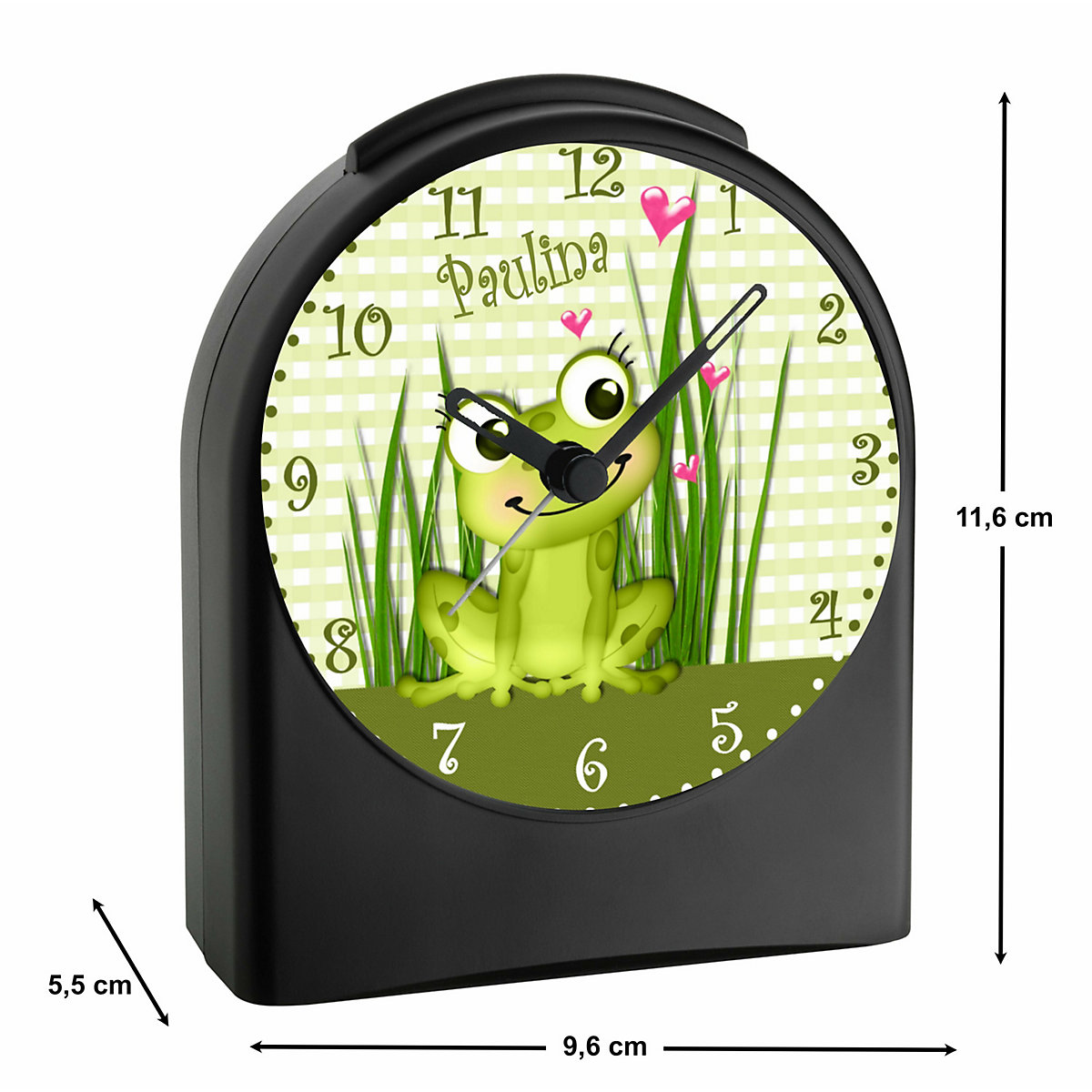 Kinder Funkwecker personalisiert mit Namen Frosch Atom-/Funkuhr, 12-Stunden-Anzeigeformat, Schlummerfunktion, Nachtlicht, Geräuschlos/Ohne Ticken
