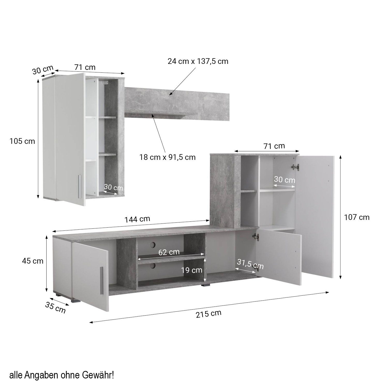 Homestyle4u Wohnwand Schrankwand Anbauwand Wohnzimmer-Set Modern Weiß Beton Optik Holz, (3-St)
