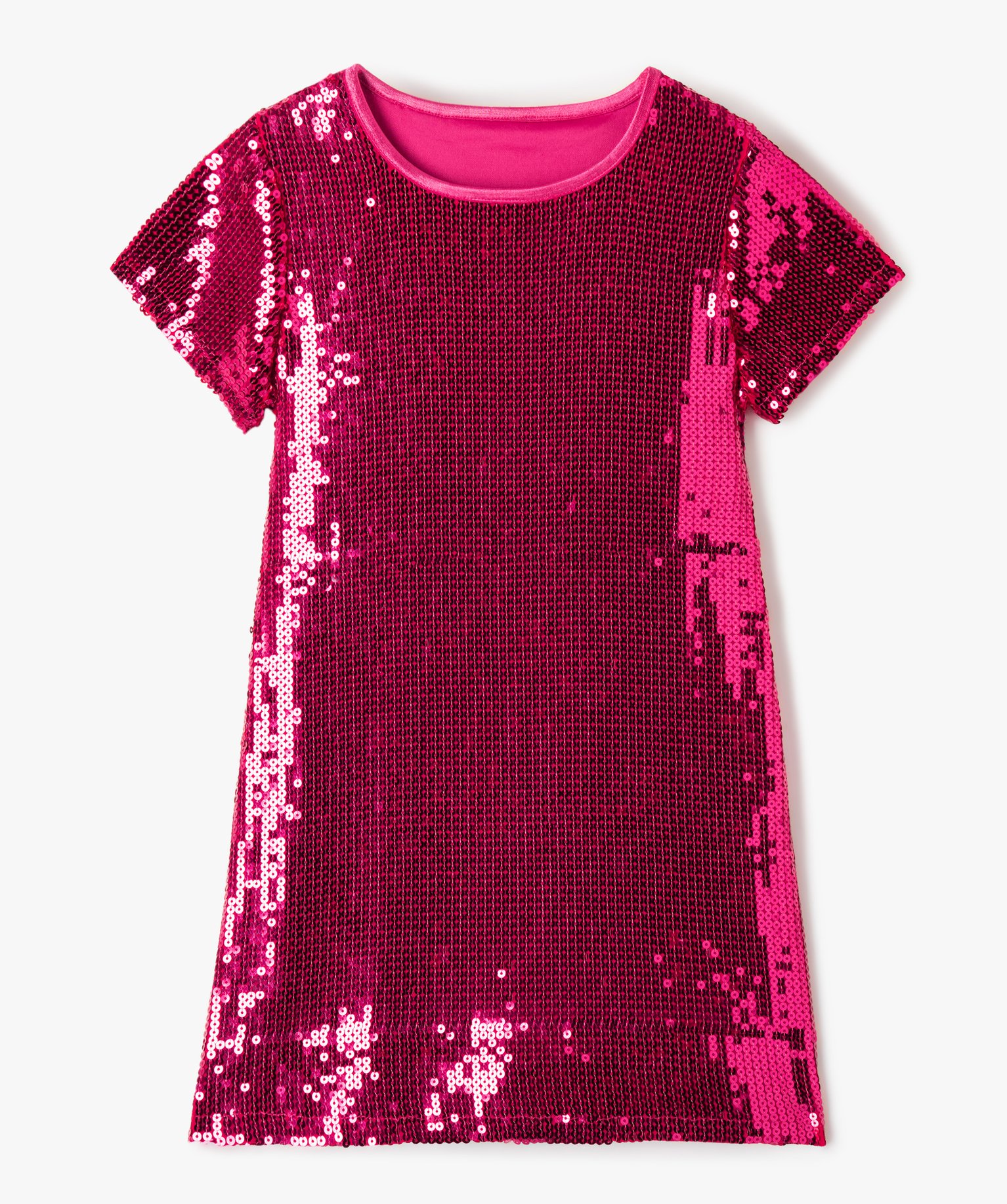 Robe fille à manches courtes avec sequins brodés rose | GEMO