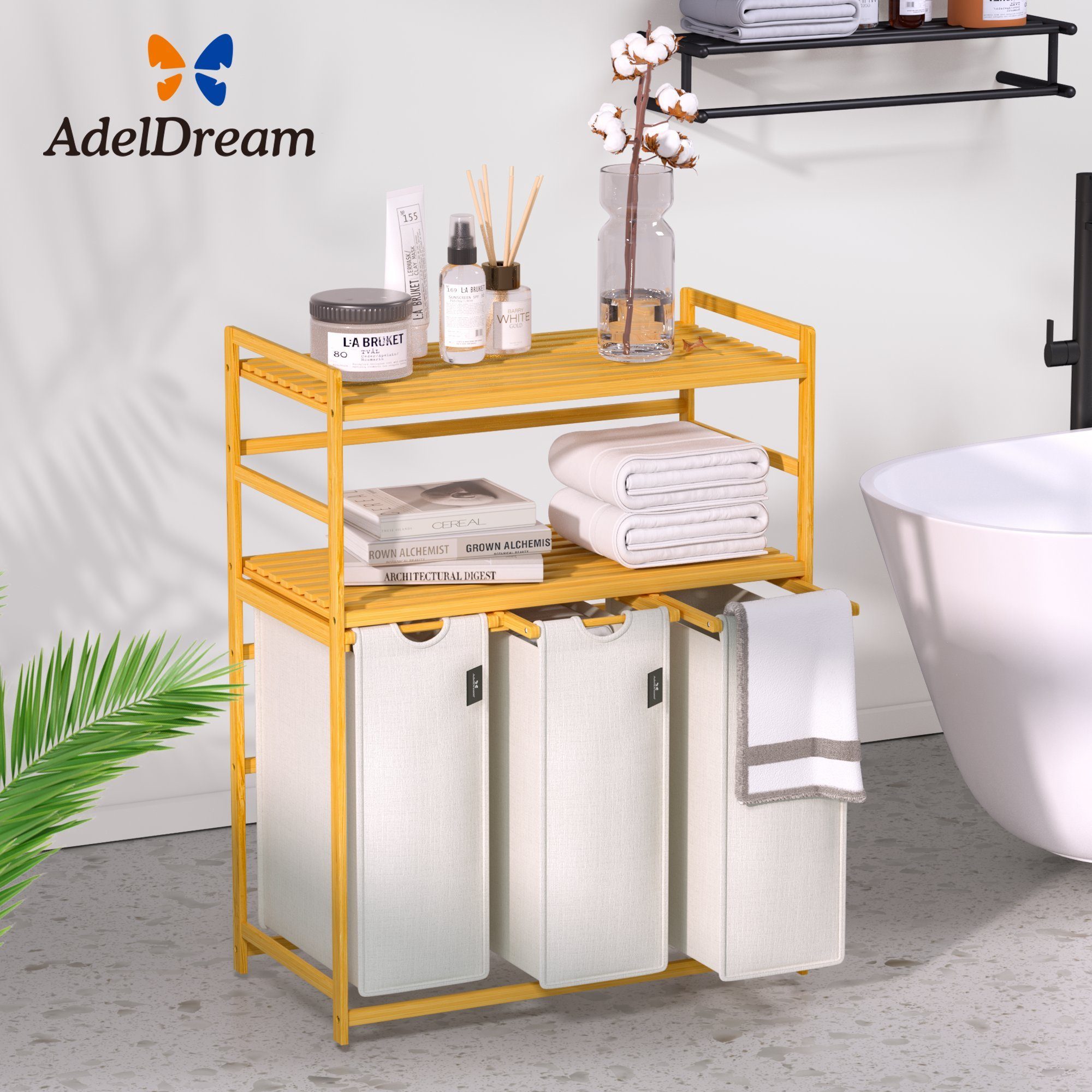 AdelDream Wäschekorb 150 l, 3 Fächer, 2 Regale Wäschesortierer
