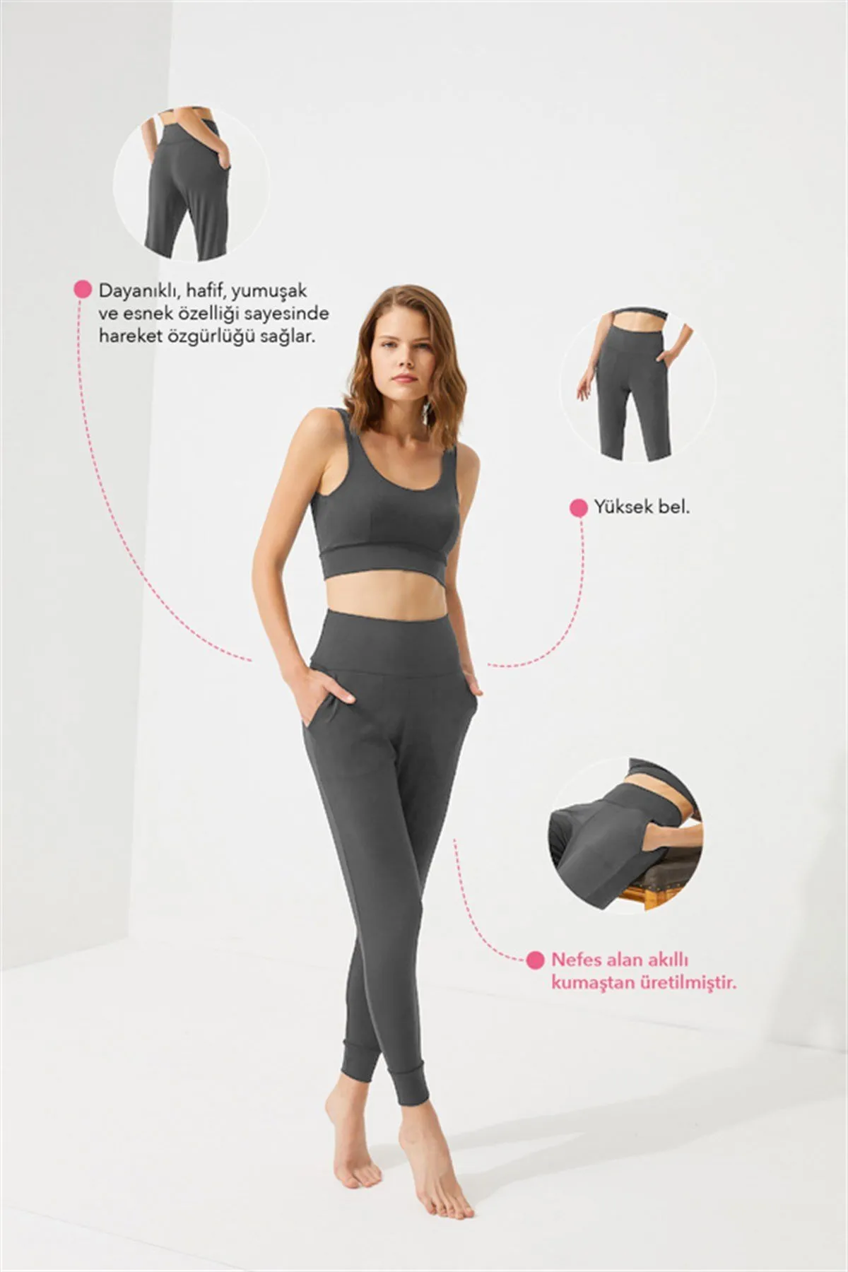 Cottonhill  Geräucherte Damen-Jogger-Jogginghose mit hoher Taille und doppelten Taschen