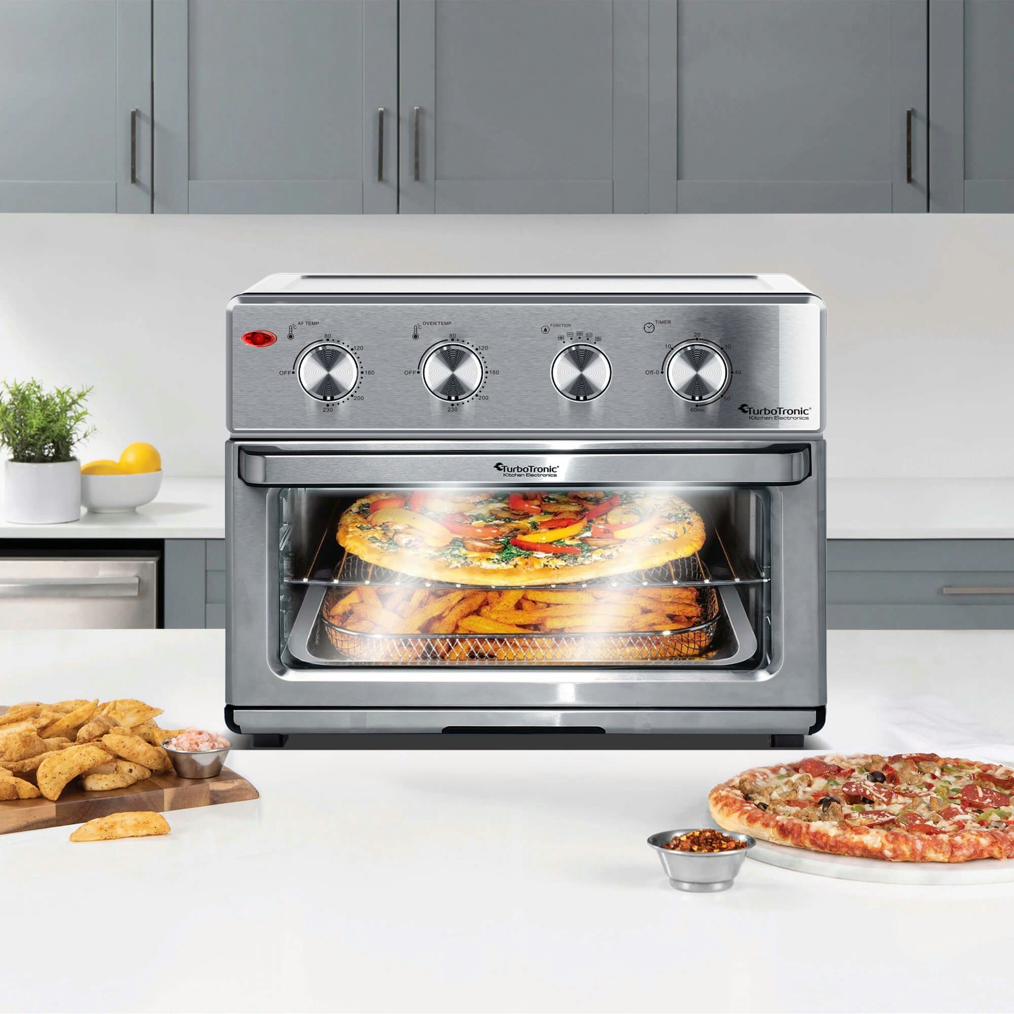 TurboTronic by Z-Line Minibackofen XXL 32 Liter mit Drehspieß für Hähnchen 4in1 Mini Backofen, Power Heißluftfritteuse Airfryer ab 80°C AF32MRD silber