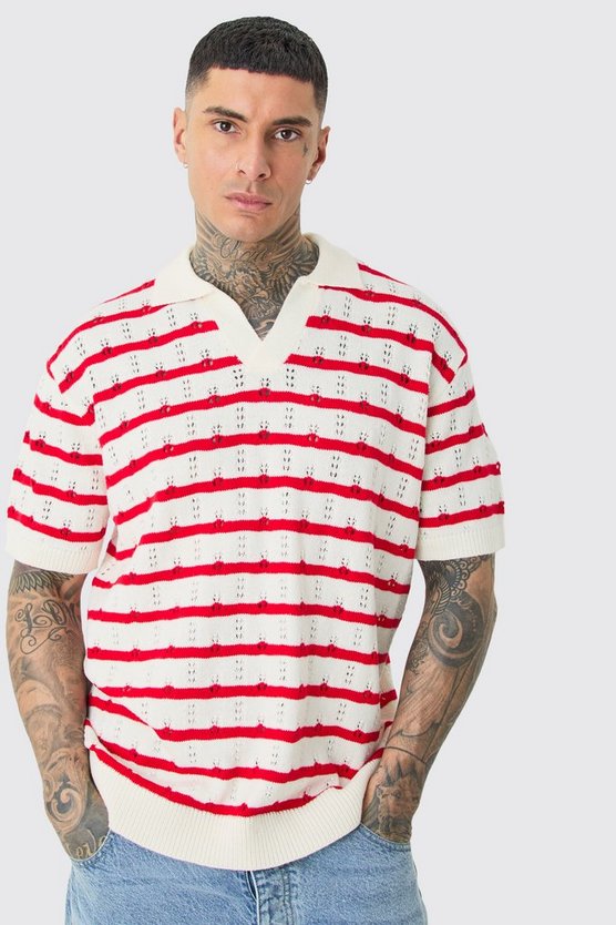 Tall kurzärmliges gehäkeltes Oversize Poloshirt mit Streifen