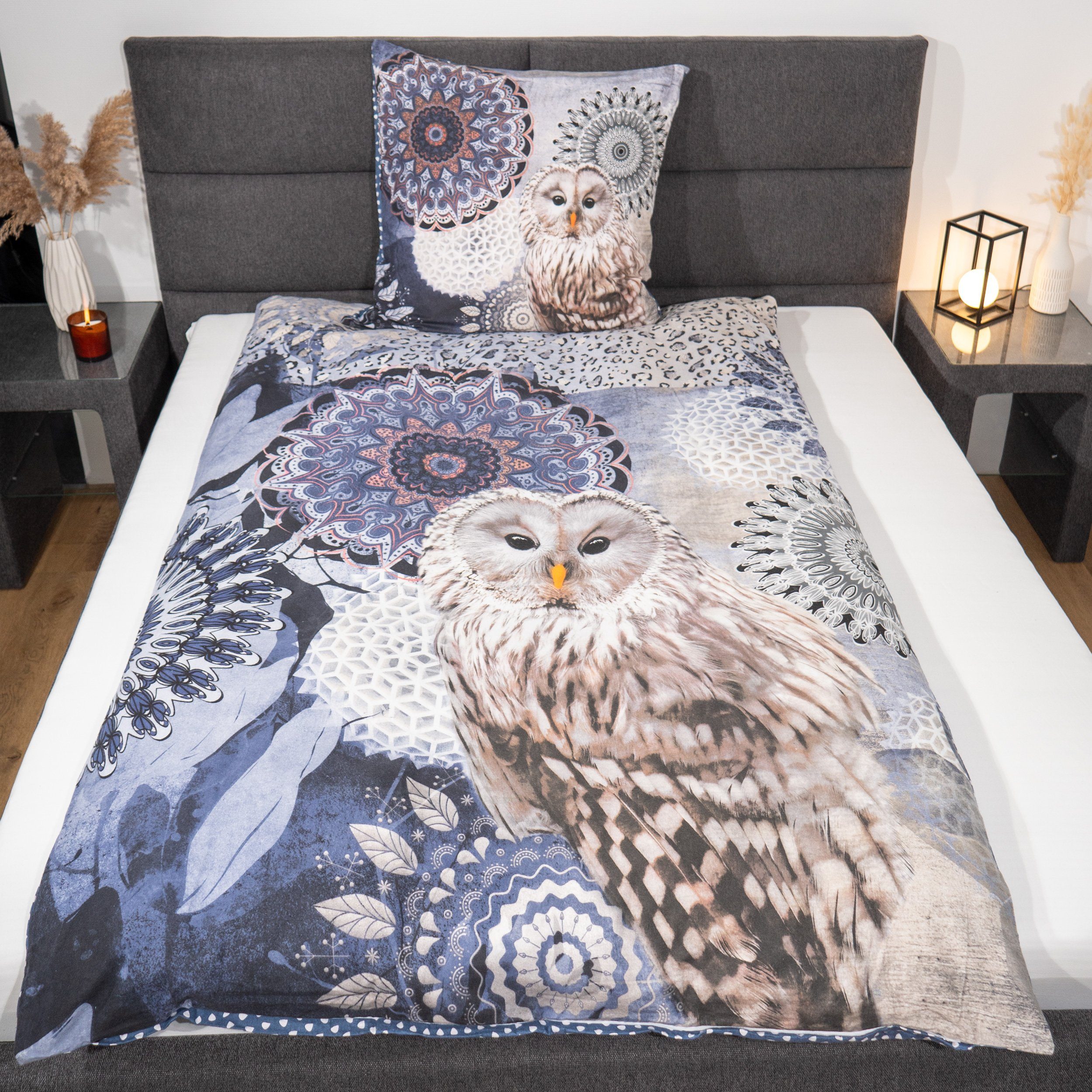 Bettwäsche Comfort Baumwolle, Traumschloss, Flanell, 2 teilig, blaue Mandalas mit Eule
