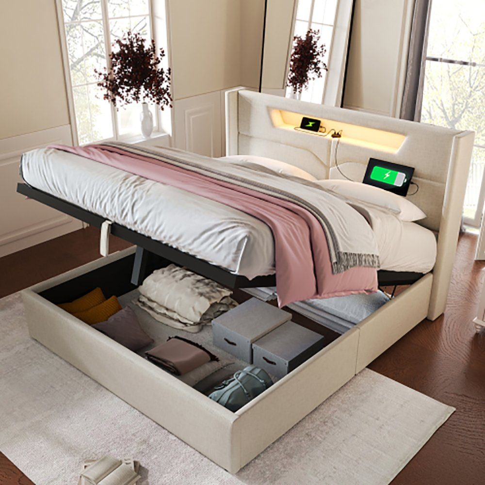 Sweiko Polsterbett, Stauraumbett mit Ladefunktion und LED-Beleuchtung, 140*200cm