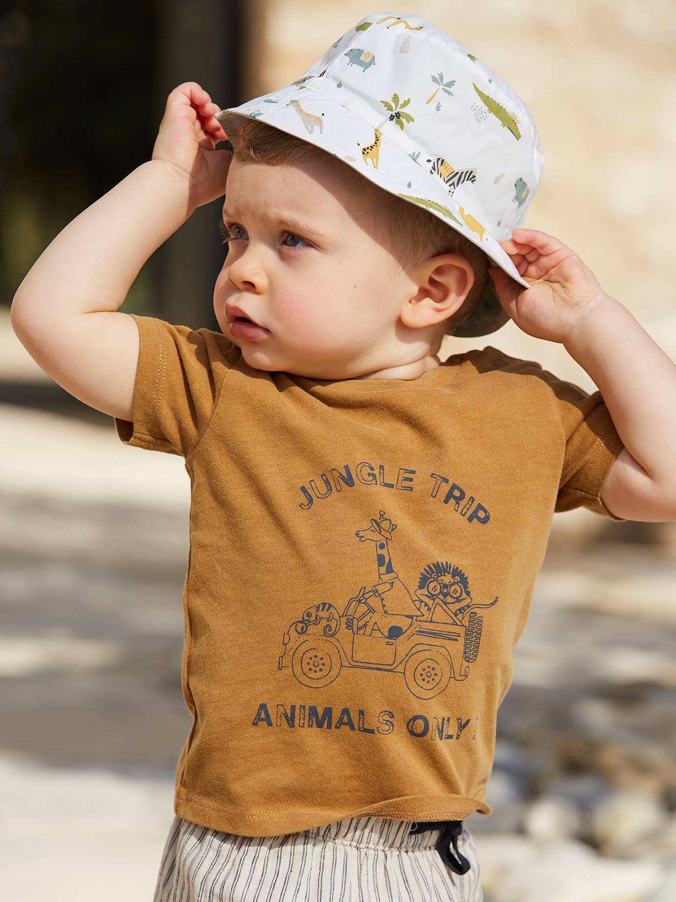 Bob réversible animaux bébé garçon ivoire imprimé