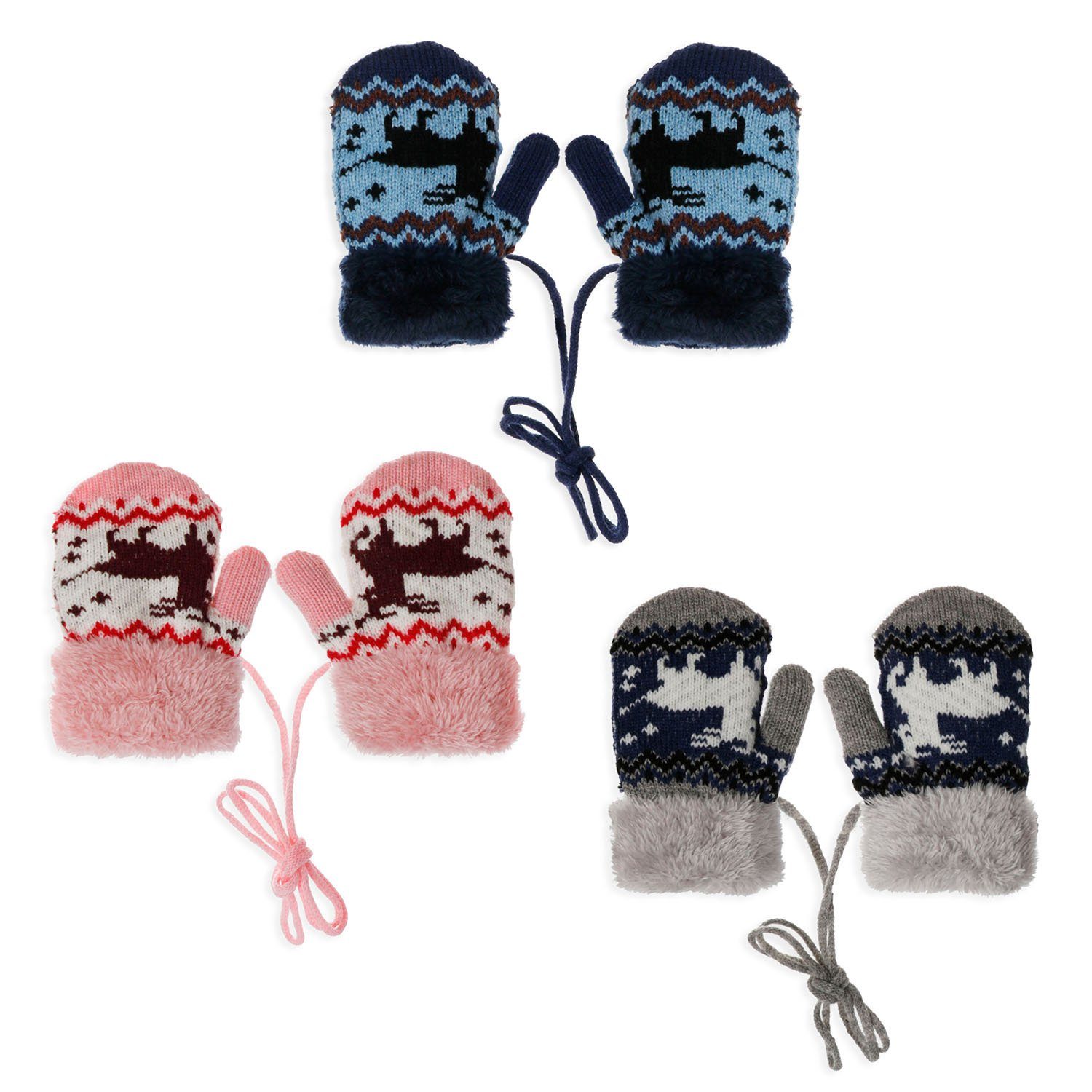 Sonia Originelli Strickhandschuhe Strickfäustel Fausthandschuhe Band Kinderhandschuhe Kordel Rentier Kordelband