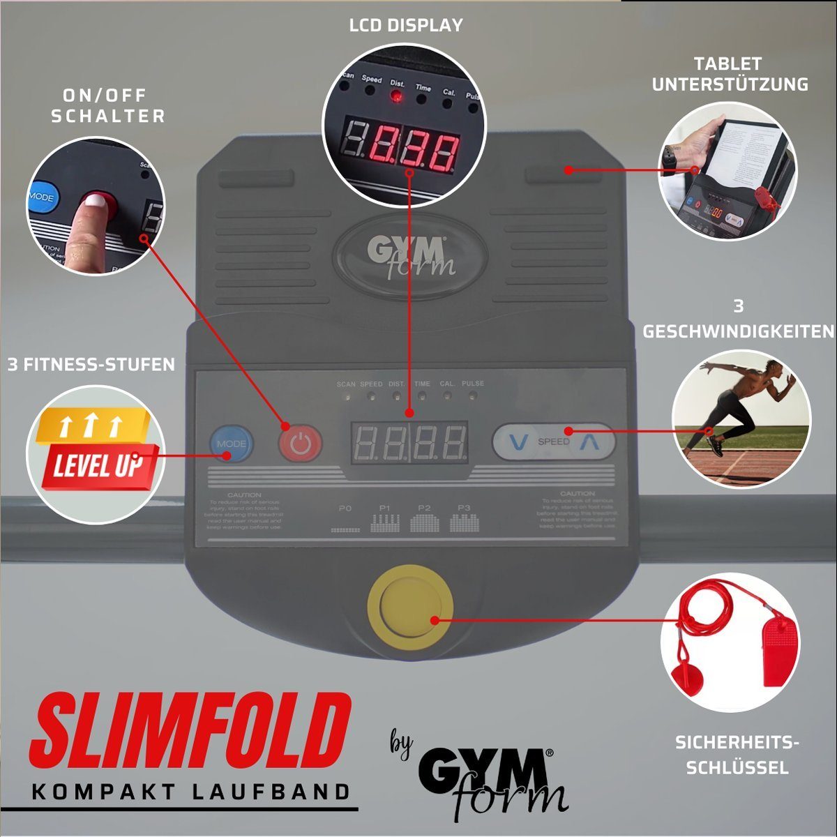 Gymform® Laufband Slim Fold Treadmill (2 Varianten 6km/h oder 12 km/h), für Zuhause, klappbar, leise, bis 120 kg, Tablethalterung, Rollen