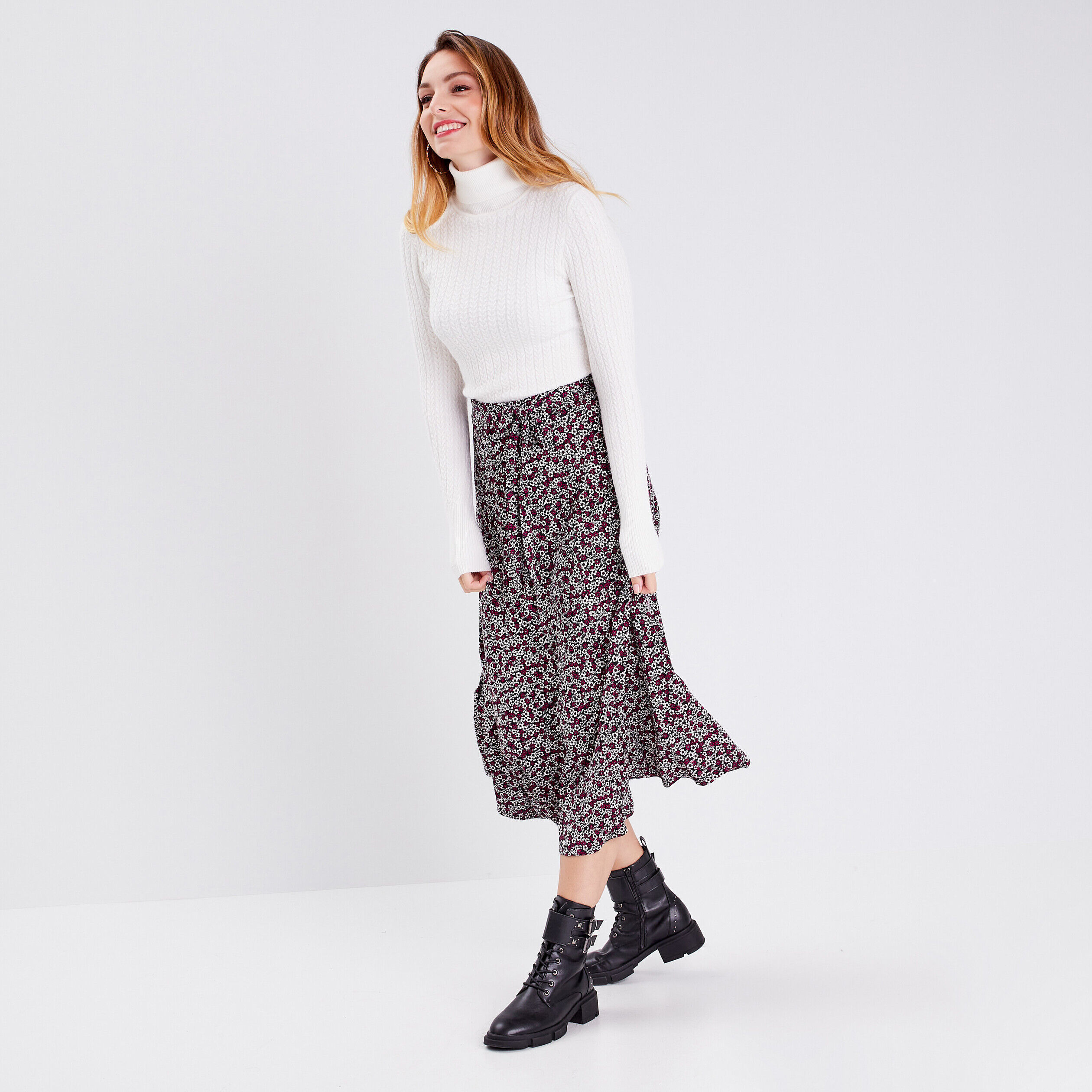 Jupe midi évasée denim noir femme | Cache Cache